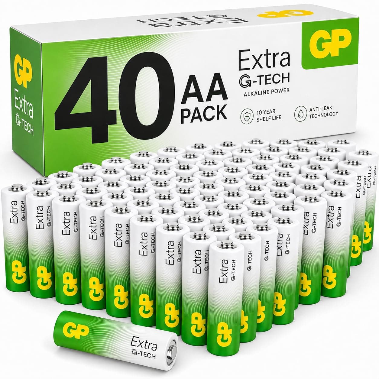 GP Extra AA Batteries Pack of 40 LR6-1.5V Alkaline 10 Yr Life - Anti-Leak