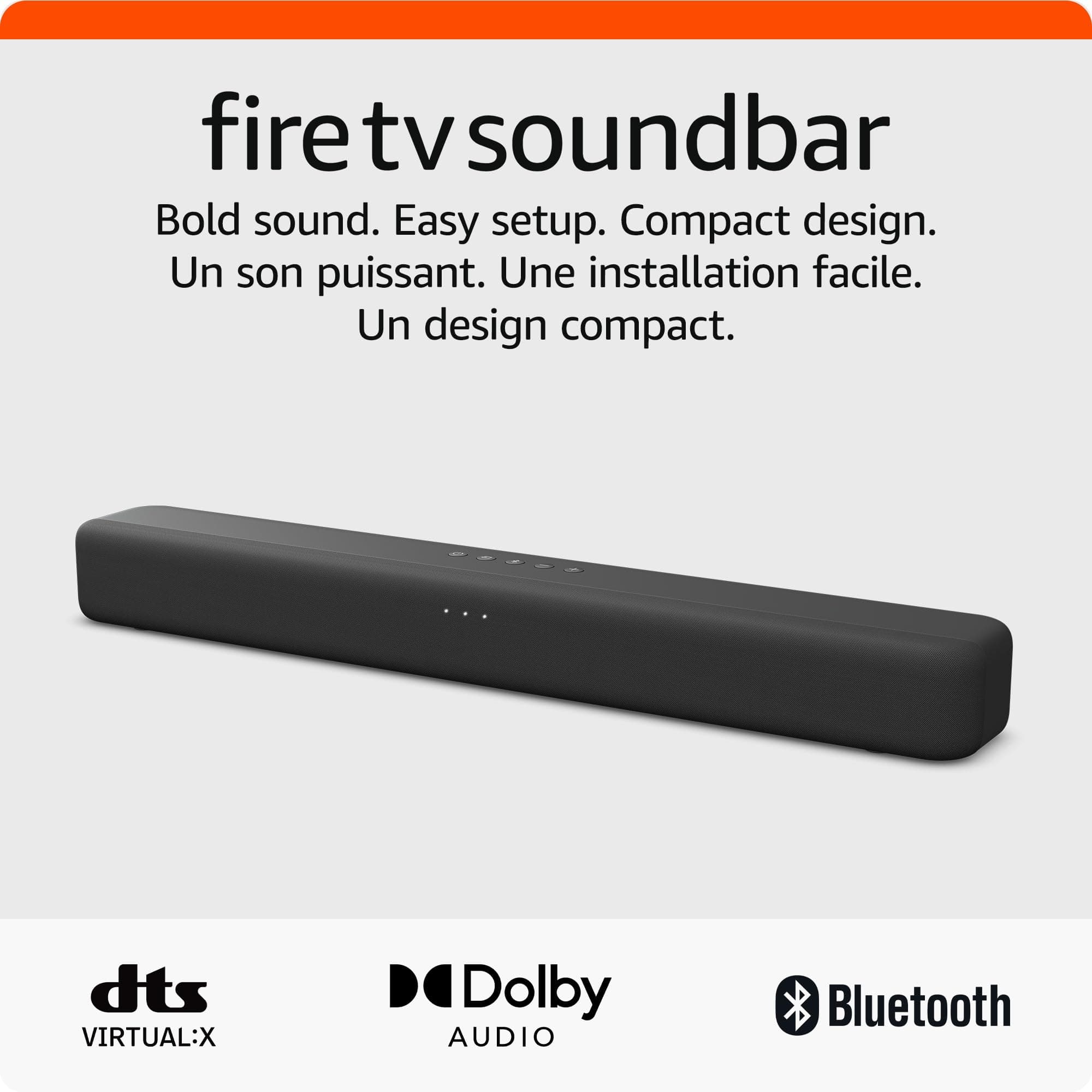 Barre de son Amazon Fire TV, comprenant des haut-parleurs 2.0 avec les technologies DTS Virtual:X et Dolby Audio, ainsi qu'une connexion Blu chez Amazon Canada