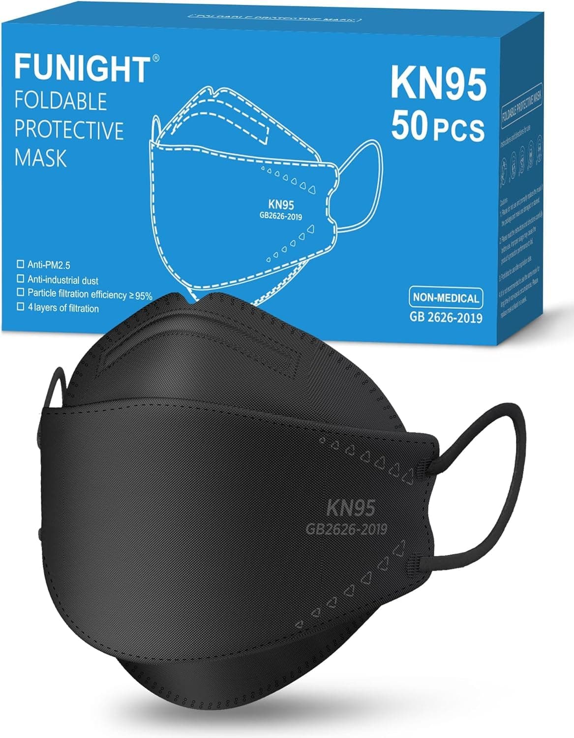 Funight KN95 Face Masks 50 Pack for Adults, Breathable and Comfortable KN95 Mask with Elastic Ear Loop, Filter Efficiency≥95%, Black chez Amazon US