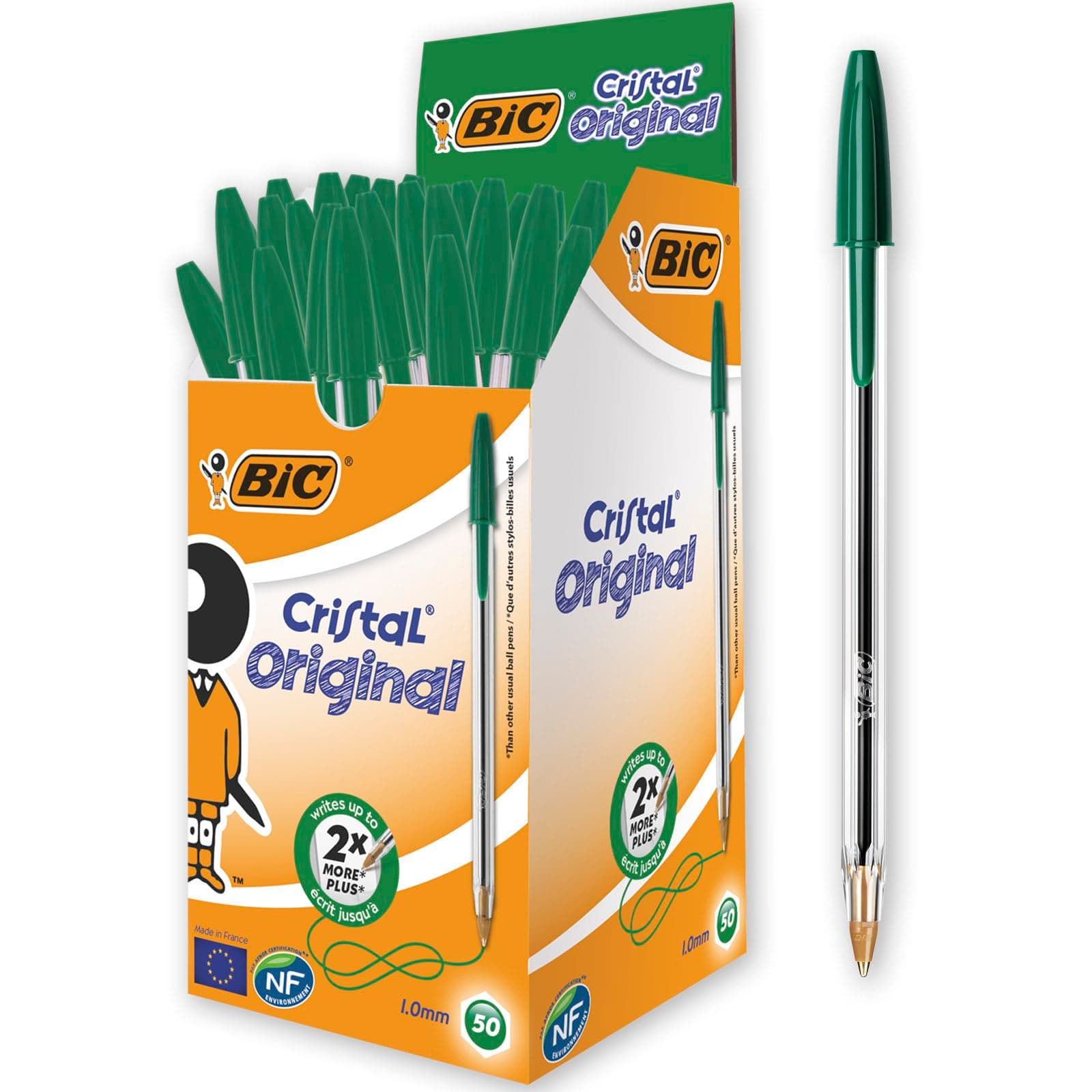 Bic Cristal Original Ballpoint Pens, Medium Point (1.0 mm), Green, Box of 50 - Smudge-Free, Every-Day Writing Pens with Clear Barrel,