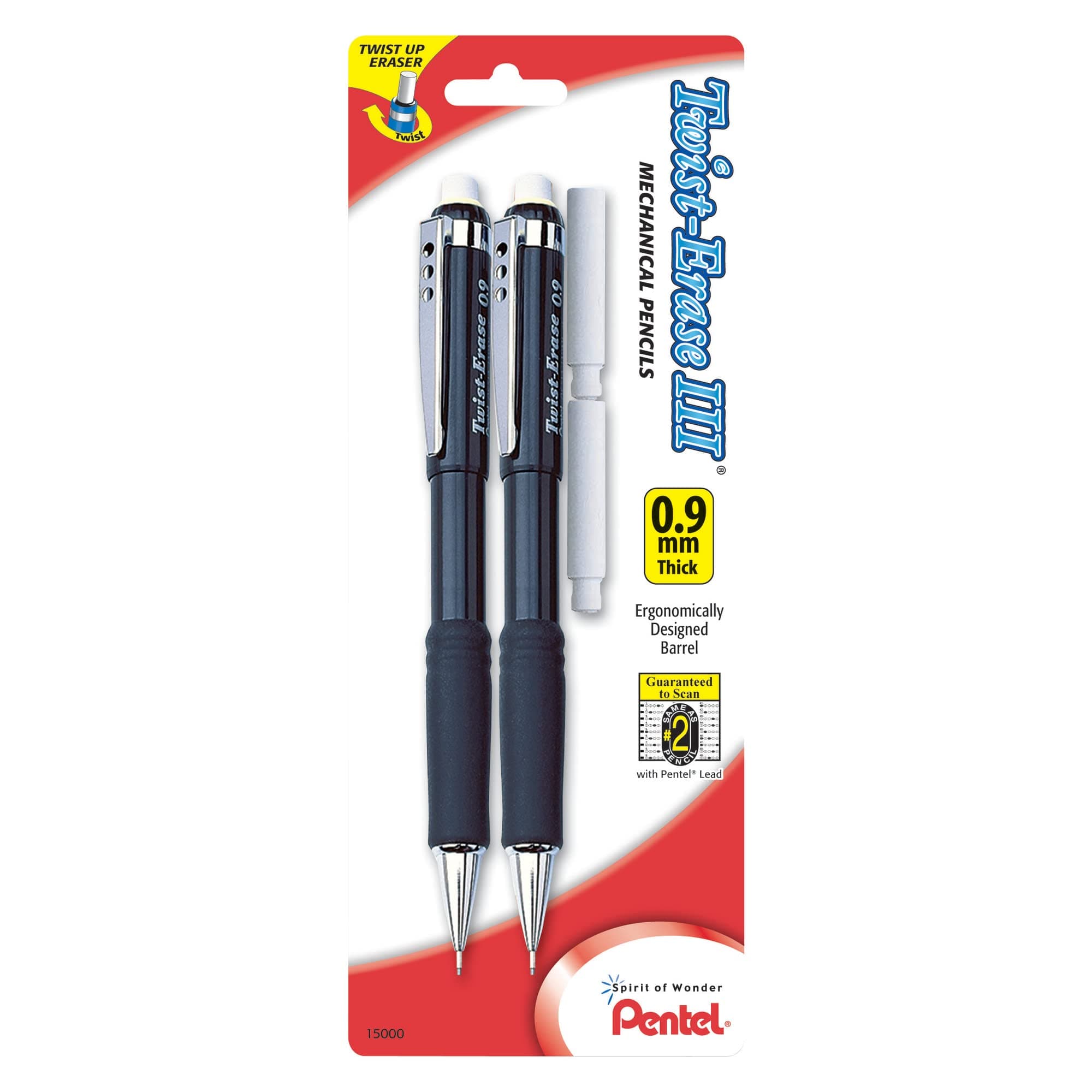 Pentel Twist-Erase III Mechanical Pencil, (0.9mm), Assorted Barrel Colors with 2 Eraser Refills, Pack of 2 (QE519BP2-K6) chez Amazon US