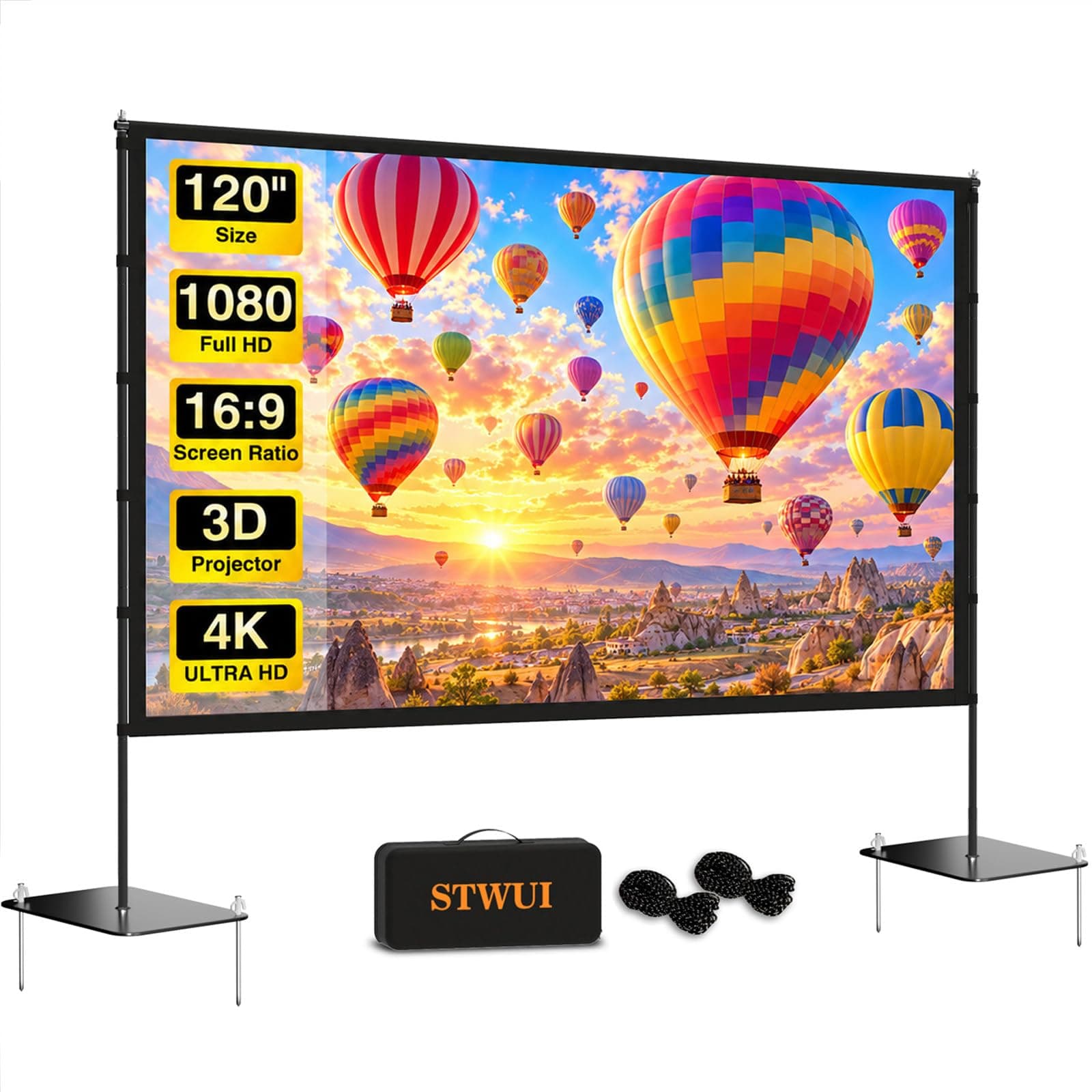 Outdoor Projector Screen with Stand featuring a Stake-Down Base-120 Inch 16:9 4K HD Portable Projector Screen Indoor