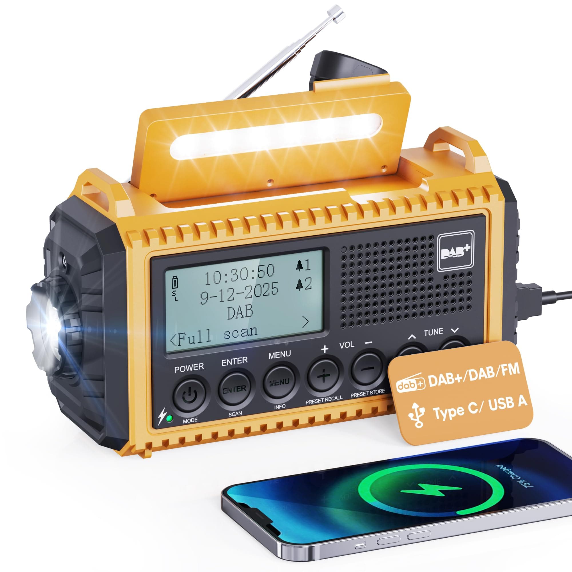 Dab Wind Up Radio, Solar Powered Emergency Radio with SOS Alarm, 5000 mAh Hand Crank Radio with USB Phone Charger, Portable chez Amazon UK