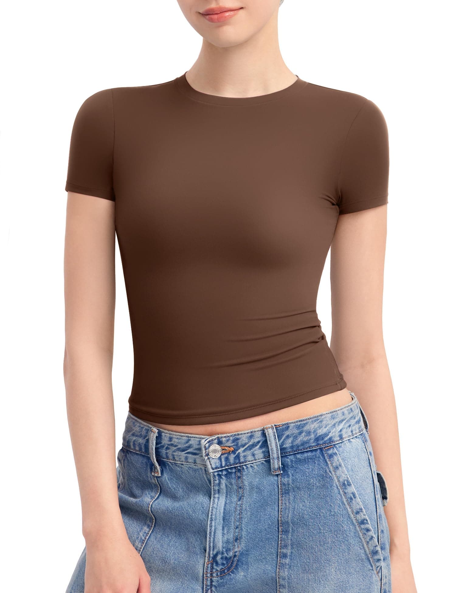 PUMIEY Women's Crew Neck Short Sleeve Tops Double Lined Slim Fit T Shirts Basic Tee Smoke Cloud Pro Collection chez Amazon US