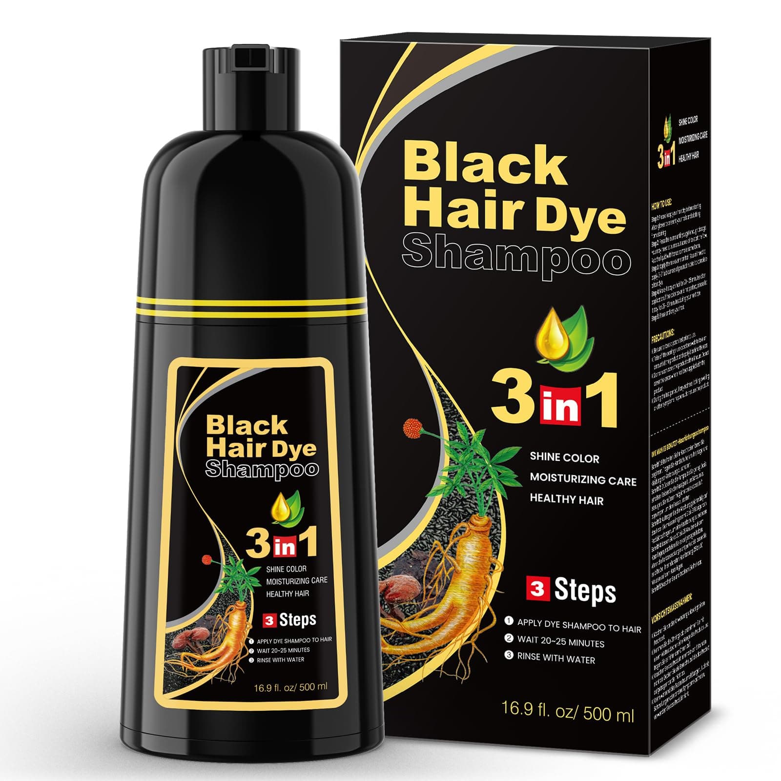BOJICA Black Hair Dye Shampoo for Gray Hair Coverage, 3 in 1 Semi-Permanent Color Shampoo for Women & Men 400ML