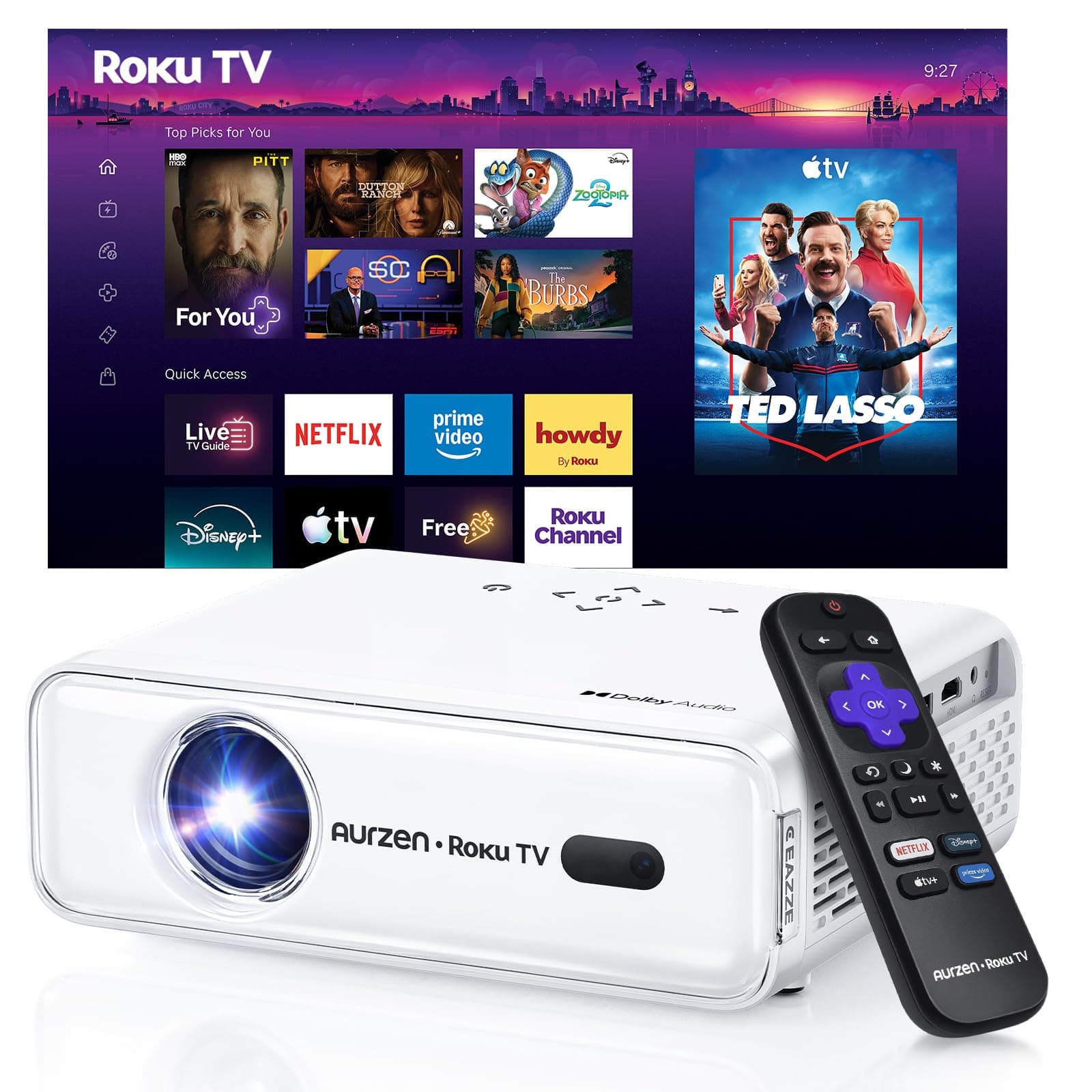 Aurzen Roku TV D1R Smart Portable Outdoor Projector with WiFi and Bluetooth | Roku TV Built-in, All Top Apps, 1080P FHD, DoIby Audio,... chez Amazon US
