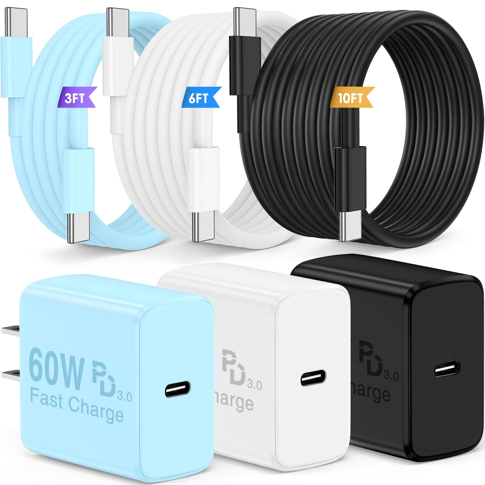 QZIIW Super Fast Charger Type C,60W Colorful Mixed USB C Fast Charger Block | 3 Pack charger and Extra Long 60W 3/6/10FT USB C Cable -... chez Amazon US