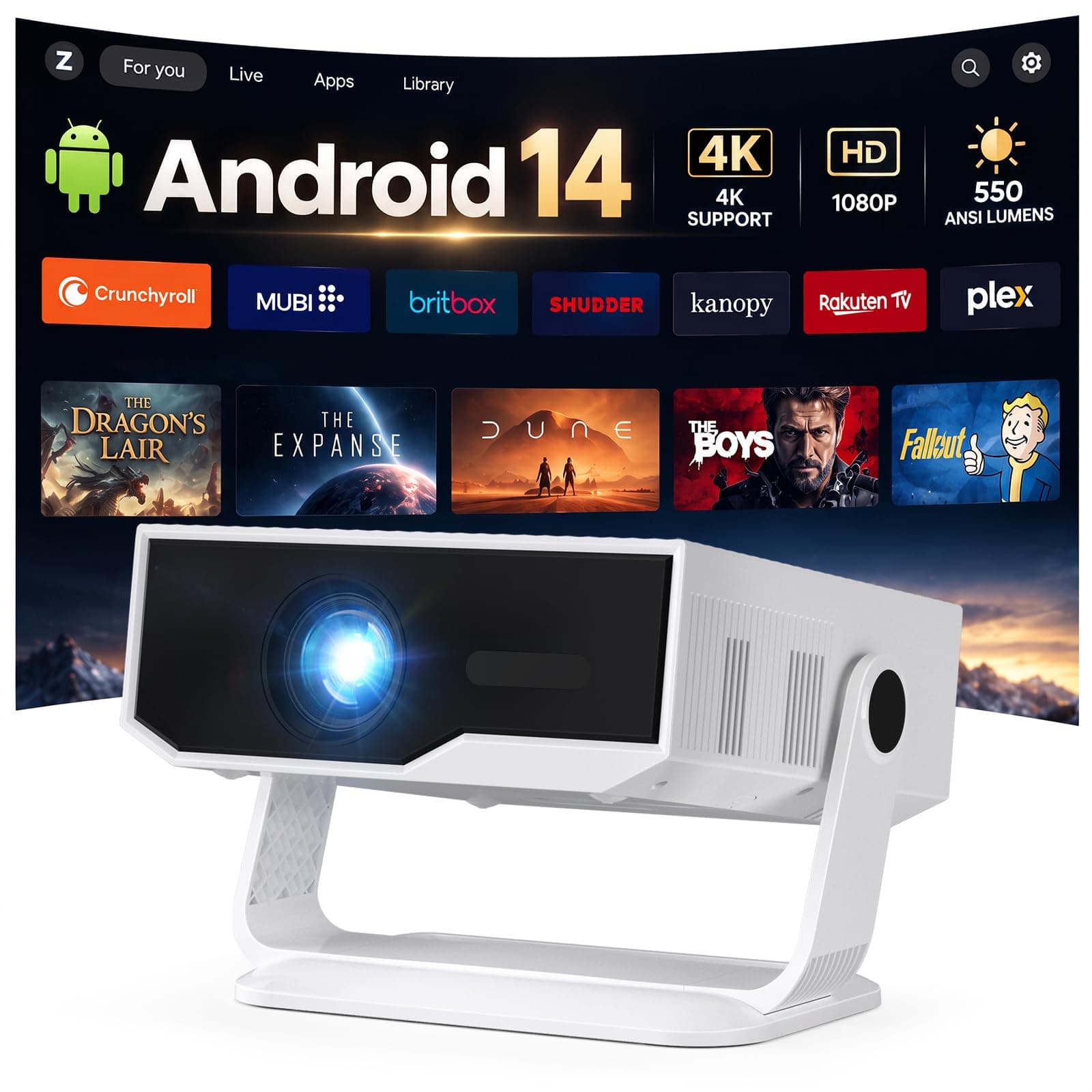 Smart Projector Android 14 Built-in Apps 550 ANSI, Support 4K&Native 1080P, Movie Projector for Bedroom Home Cinema Wifi6 and BT5.4,... chez Amazon UK