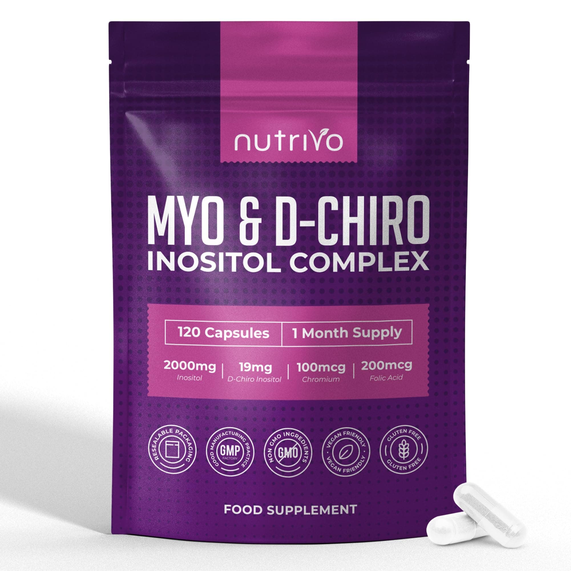 Myo Inositol & D Chiro Inositol - 120 Capsules | Inositol 2000mg, Folic Acid, Chromium | Alternative to Tablets chez Amazon UK
