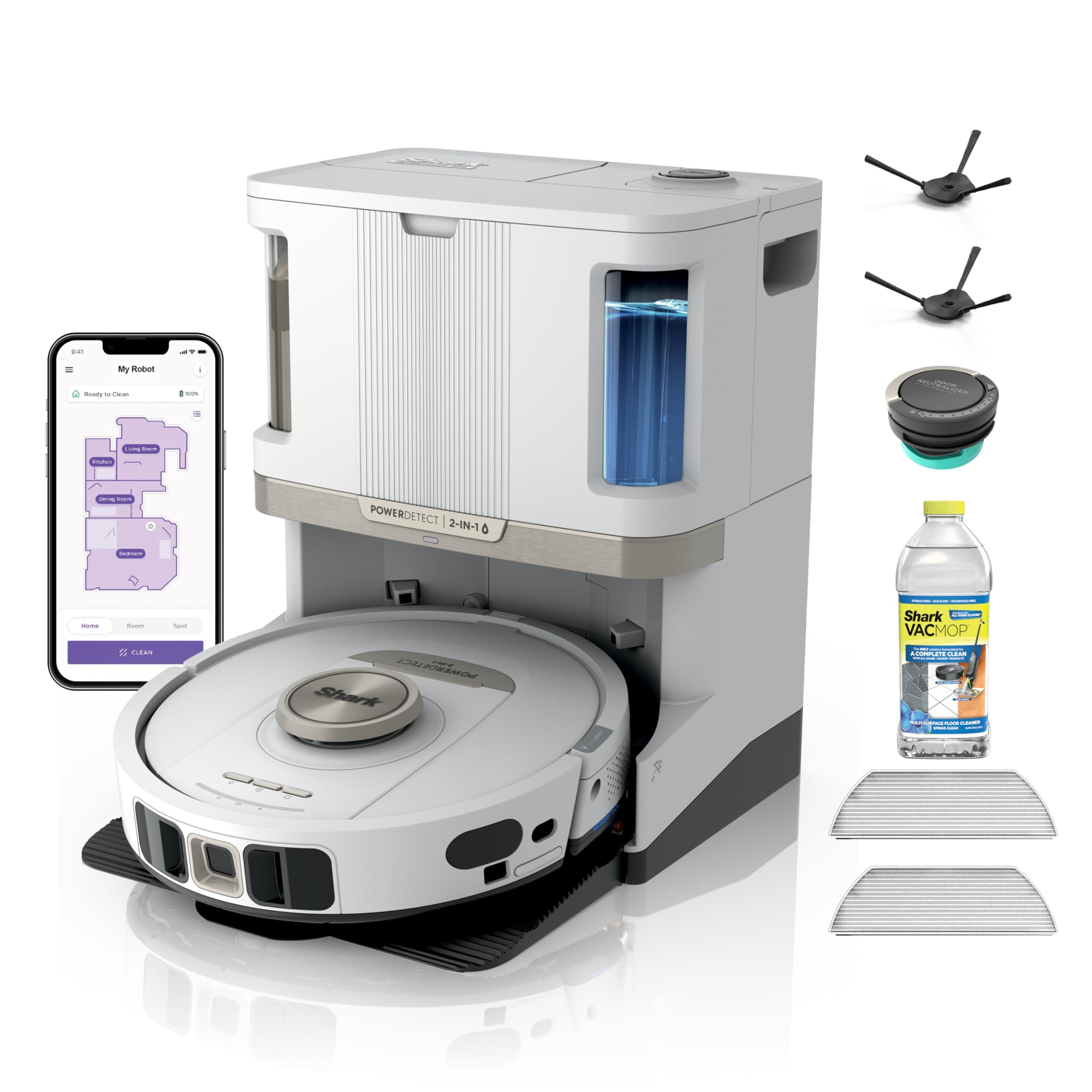 Shark PowerDetect NeverTouch Pro AV2810ZEWH Aspirateur robot et serpillère auto-vidant, auto-recharge avec tampon autonettoyant, capacité de