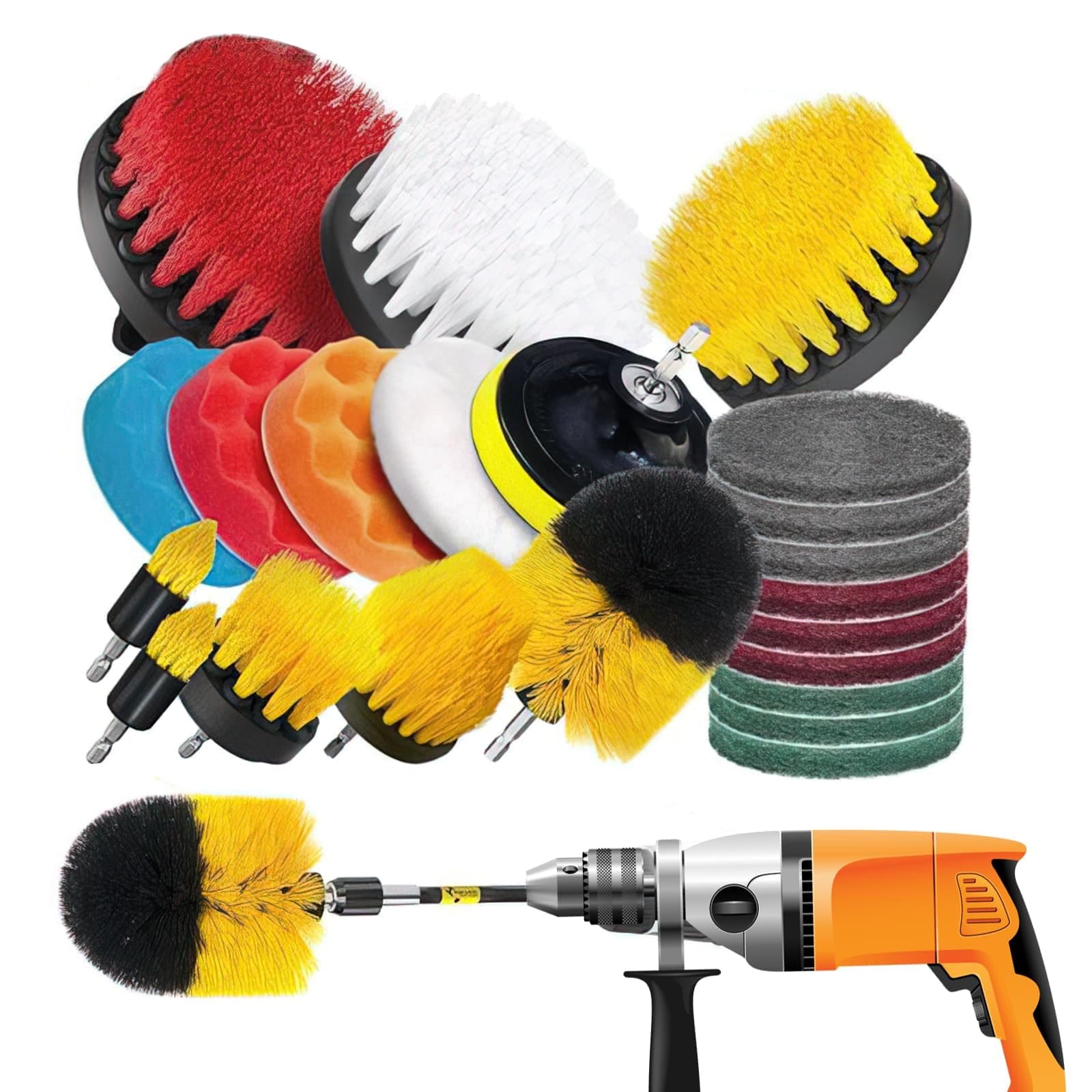 Drill Brush Attachments Set 23 Pack Scrubber Kit | Include Scrub Pads, Sponge, Extend Attachment,