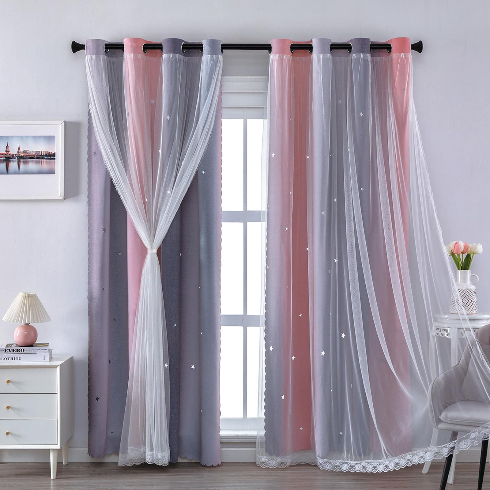 XiDi Grey Thermal Curtains 52x72 Inch (132x183cm) for Nursery & Glass Door - Ombre Sheer Wall Decor 2 Layers