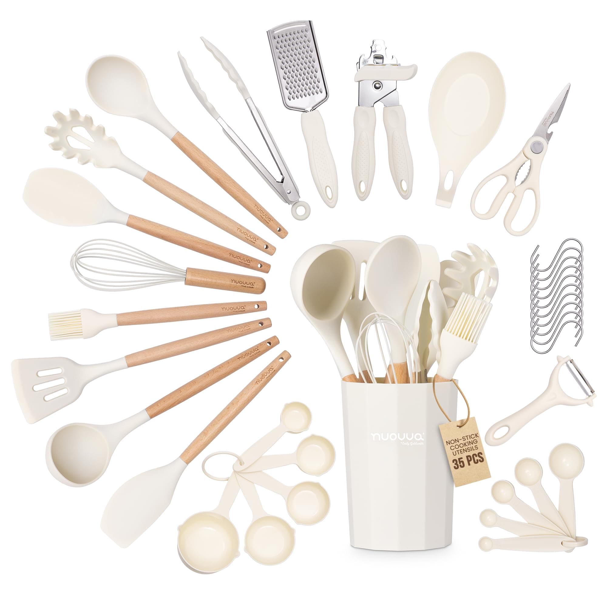 Kitchen Non Stick Cooking Utensils Set – Heat Resistant Silicone Utensils with Wooden Handle – Ladles, Spoons and Spatulas Set – chez Amazon UK