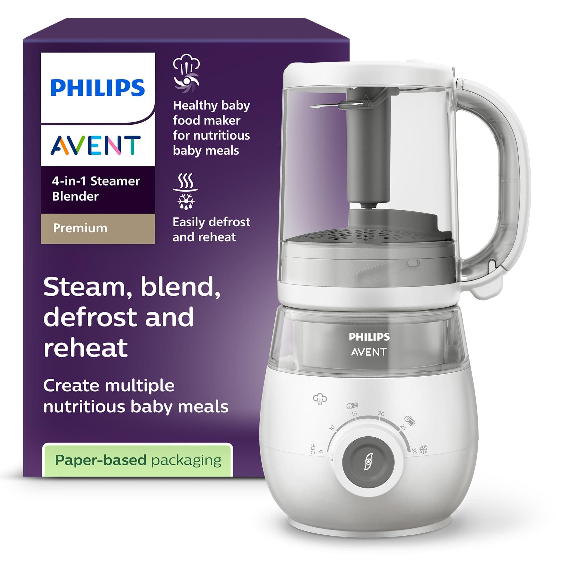 Philips Avent Premium 4-in-1 Steamer Blender, Baby Food Maker, Steam, Blend, Defrost, Reheat, Dishwasher Safe, Model SCF883/02 chez Amazon UK