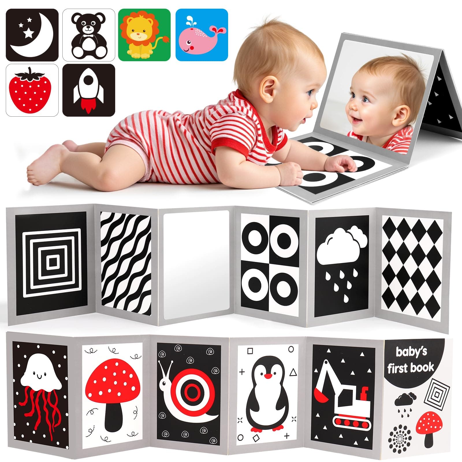 Black and White Sensory Toys for Babies, Tummy Time Toys with Mirror | High Contrast