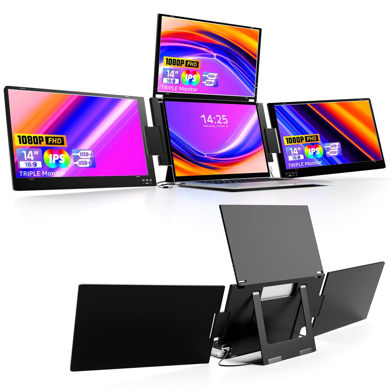 KPKUE 14" Triple Laptop Screen Extender, FHD IPS Multi Screen Extender with USB-C/USB-A, One Cable Connection Laptop Monitor Extender... chez Amazon UK