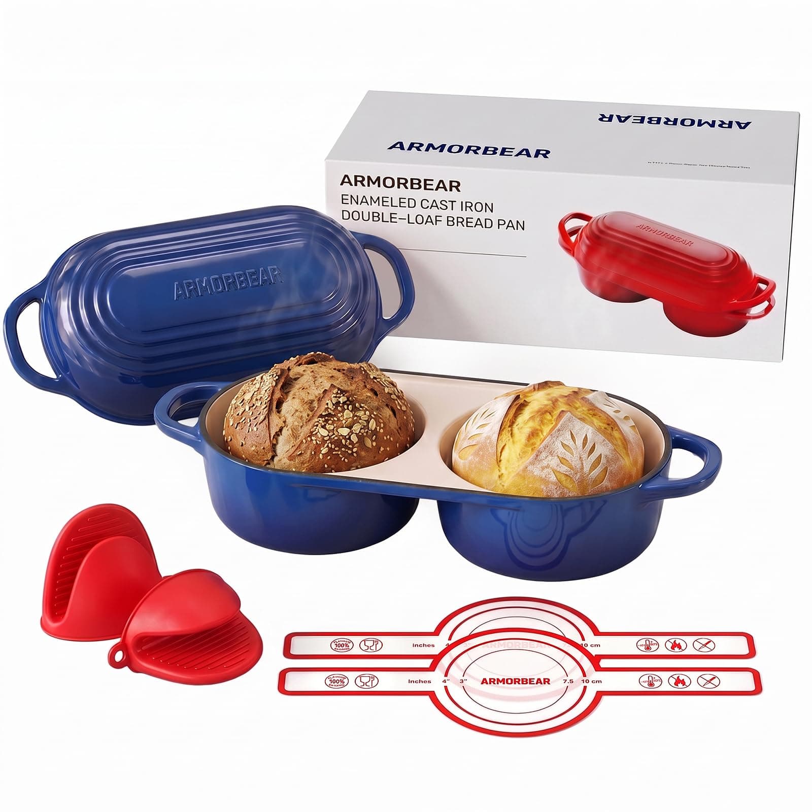 Mini Double Dutch Oven for Sourdough, Enameled Cast Iron Bread Pan, Blue | Double Loaf Bread Pan with Lid, chez Amazon US