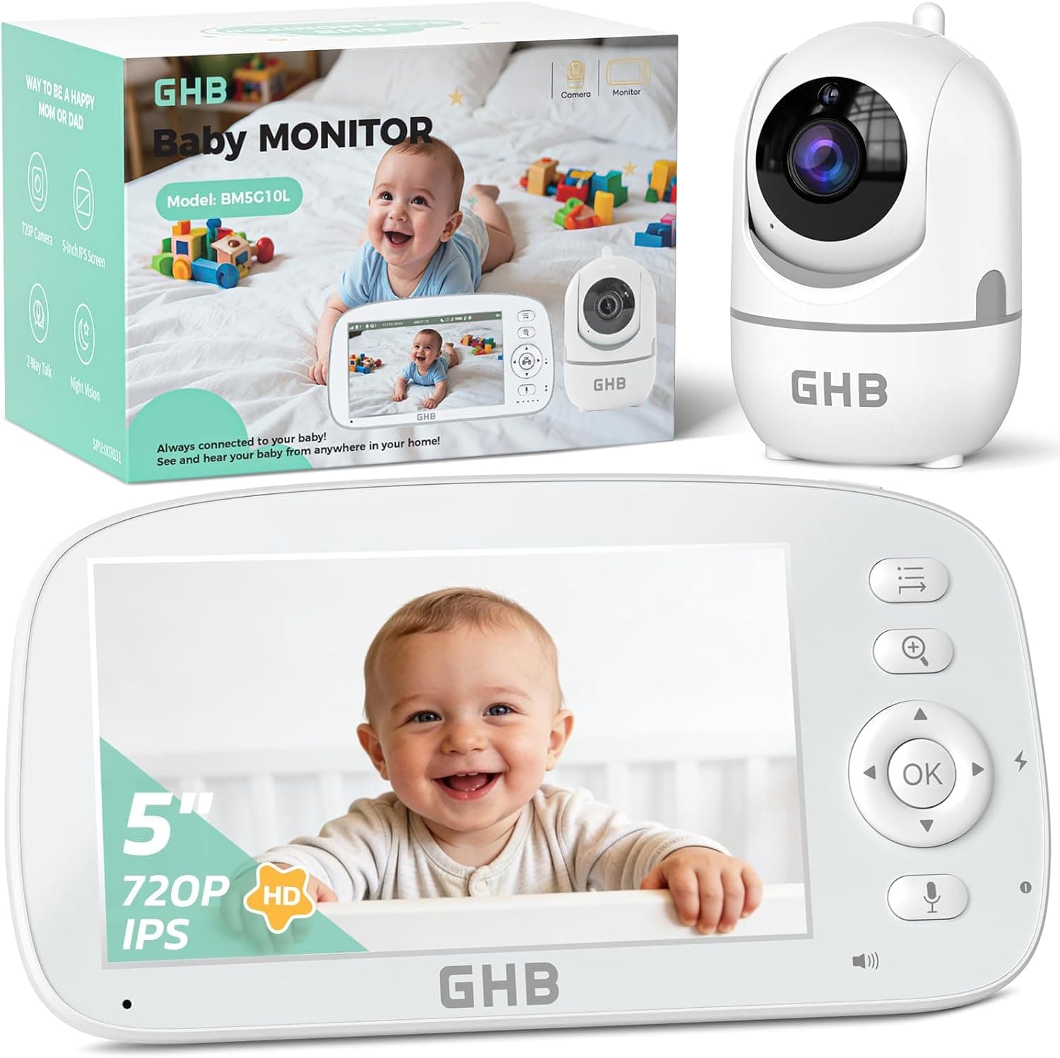 GHB 5" Baby Monitor with Pan-Tilt Camera & Night Vision | 720P HD, IPS Display, 350°H/110°V Pan-Tilt, 2X/4X Zoom, Temperature Alert chez Amazon UK