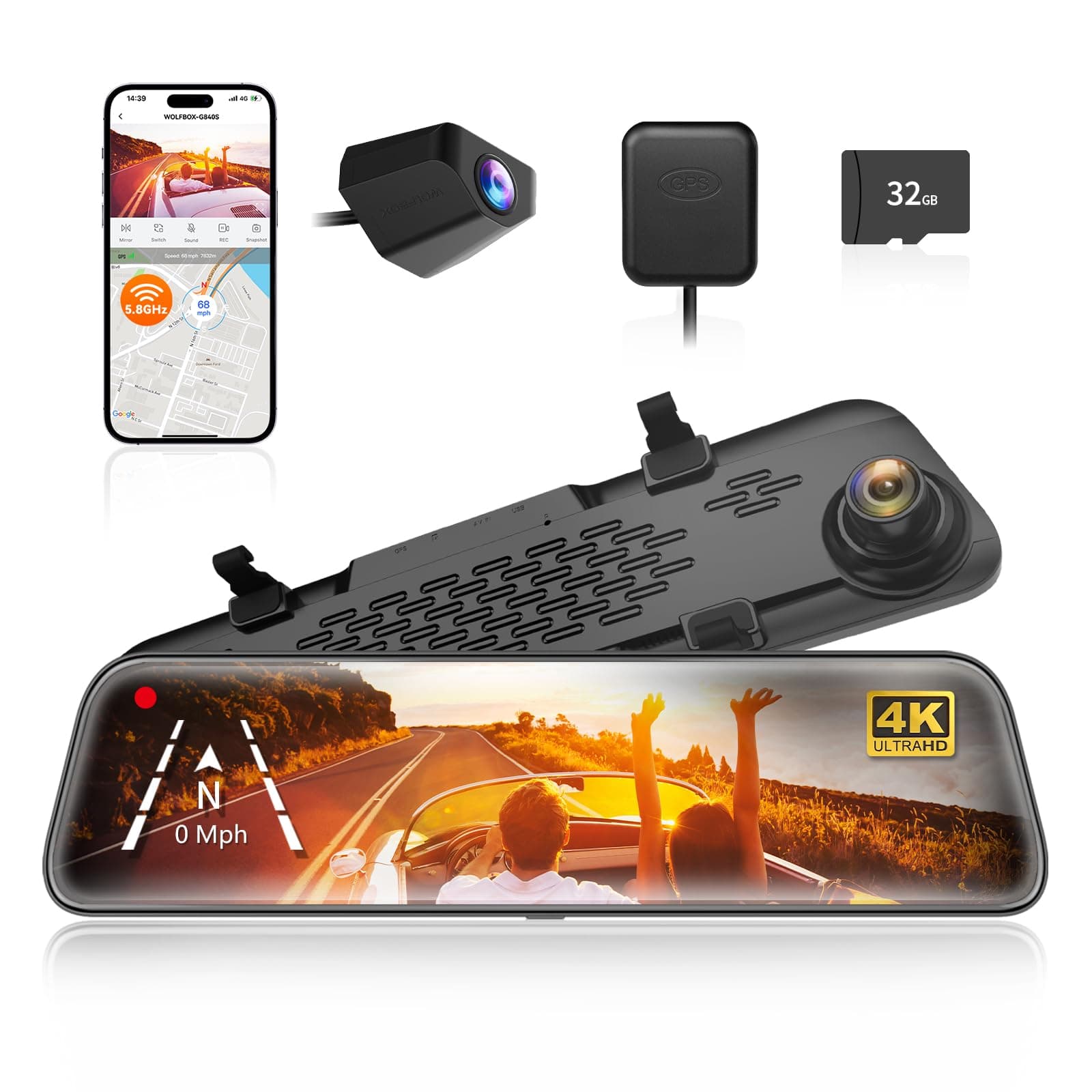 WOLFBOX G840S 12" 4K Mirror Dash Cam with 5.8GHz WiFi, Night Vision | 2160P Full HD Smart Rearview Mirror for Cars & Vans, Front and... chez Amazon UK