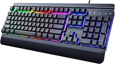 Clavier de jeu, 104 touches, panneau entièrement métallique, rétroéclairé à DEL arc-en-ciel, clavier silencieux, repose-poignet,... chez Amazon Canada