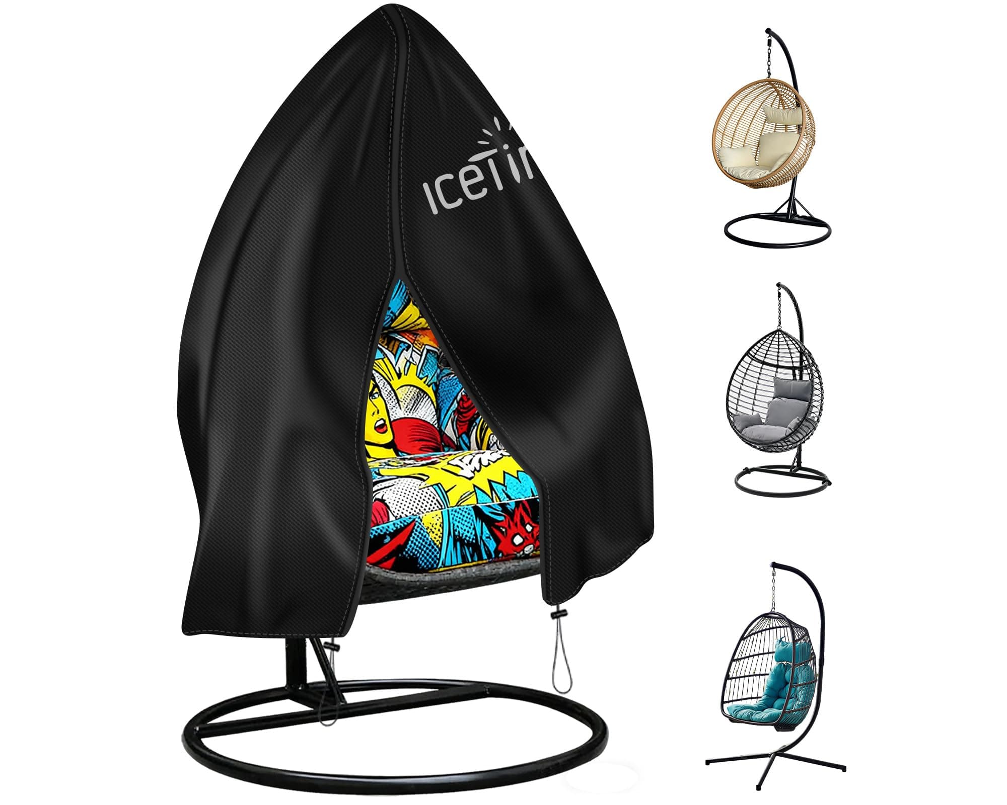 Icetimer Upgraded Egg Chair Cover Waterproof 190x115cm | Windproof, Heavy Duty Large Patio Hanging Swing Seat Cover With Zipper, Black