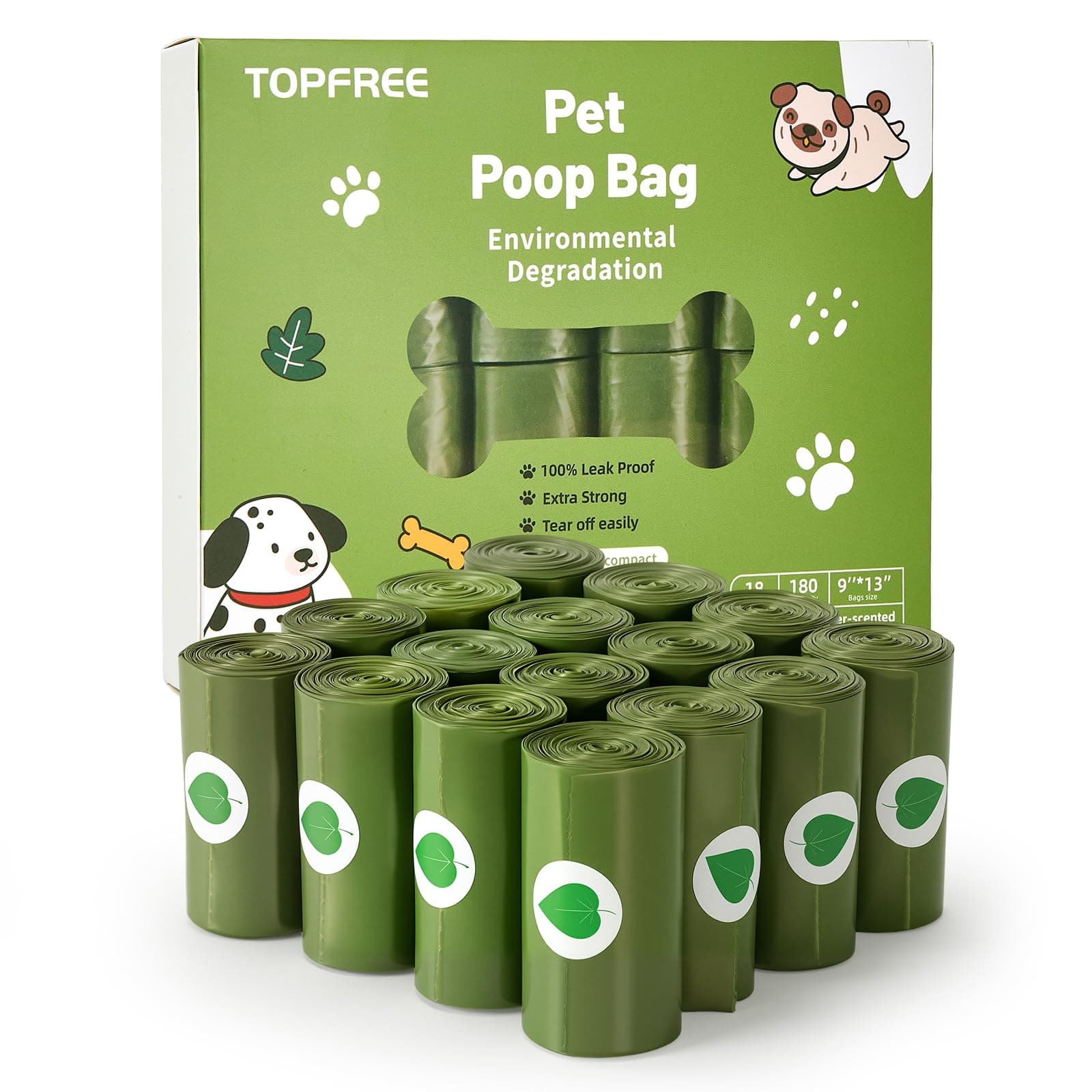 Topfree Poo Bags for Dog Waste, 18 Rolls 180 Dog Poop Bags (Green) | Super Strong 100% Leak Proof Extra Thick 9” x 13” Dog Poo Bags