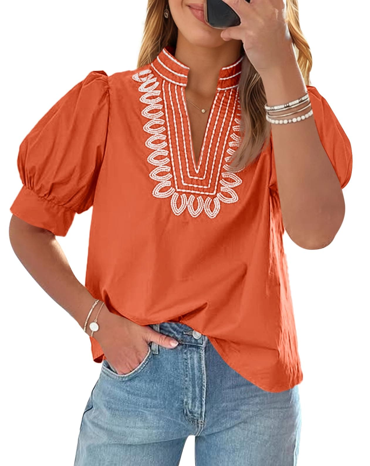 Cicy Bell Womens Puff Short Sleeve Blouses Dressy Embroidered Boutique Tops | Summer Casual, Loose Fit, Trendy, V Neck Shirts chez Amazon US