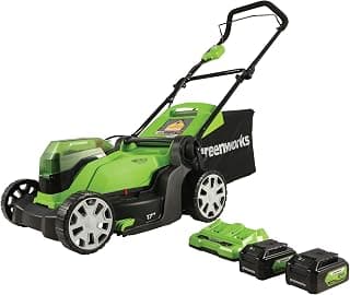 Greenworks Tondeuse à gazon de 48 V, 43,2 cm, 2 piles 24 V 4 Ah et chargeur à double port inclus, MO48B2210, vert chez Amazon Canada