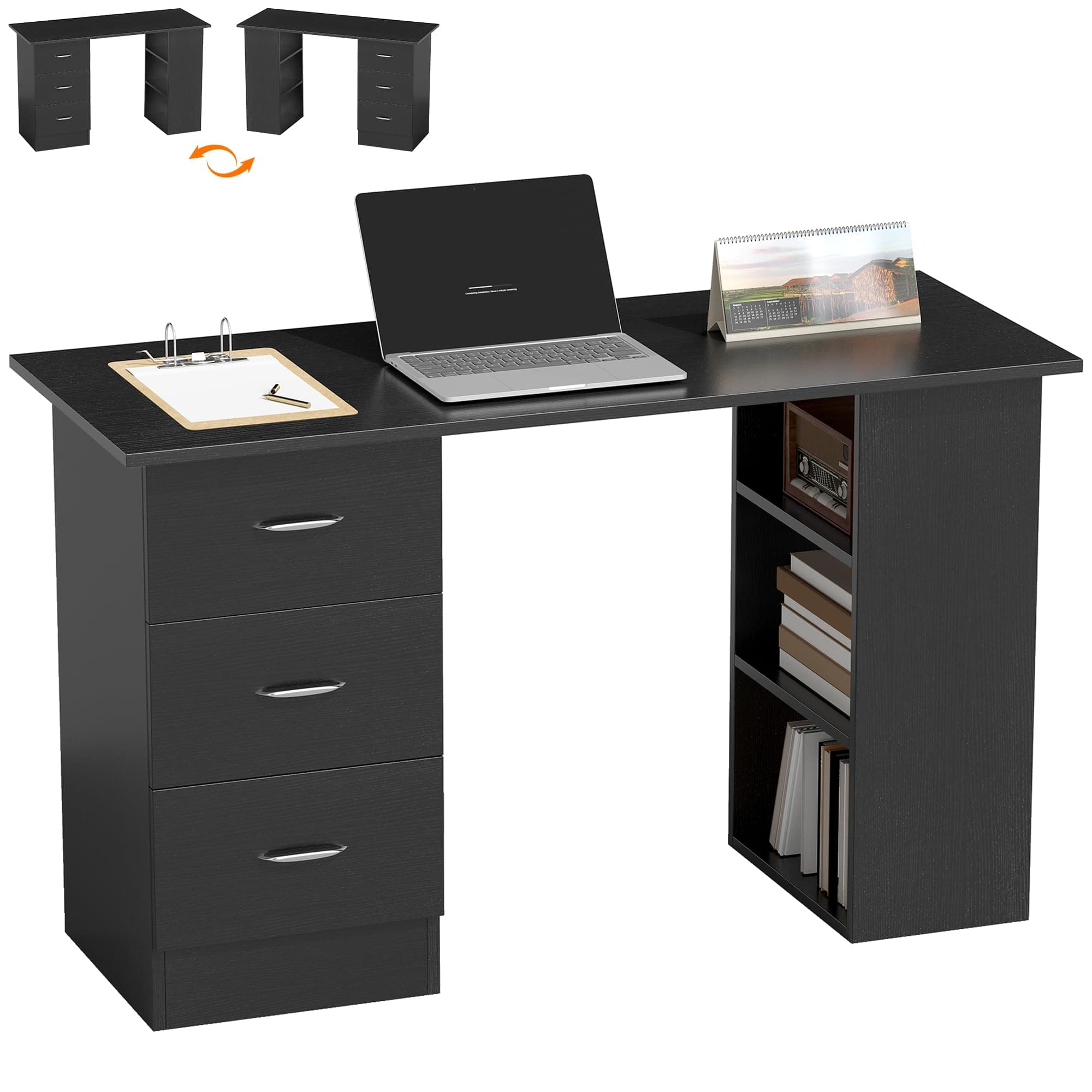 HOMCOM Computer Desk w/Drawers 120 x 49 x 72 cm Black | Home Office Desk, Writing Table, PC Workstation, 3 Storage Shelves, Working, Study