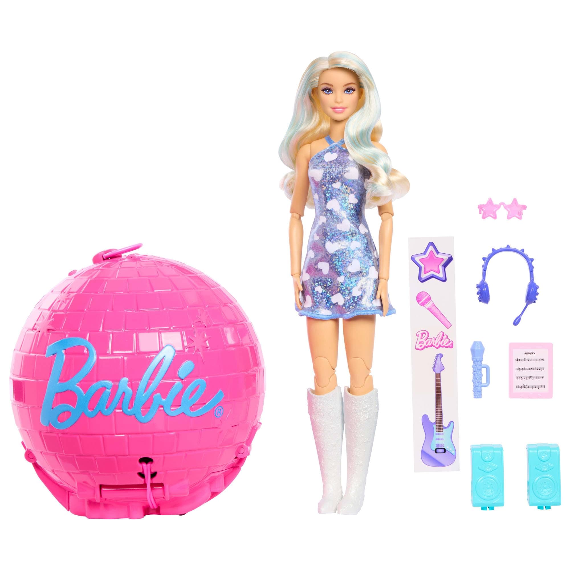 Barbie Team Roll and Reveal Pop Star Doll and Accessories | Blonde Fashion Doll & 8 Surprises and a Disco Ball Encasement, JMK19 chez Amazon UK