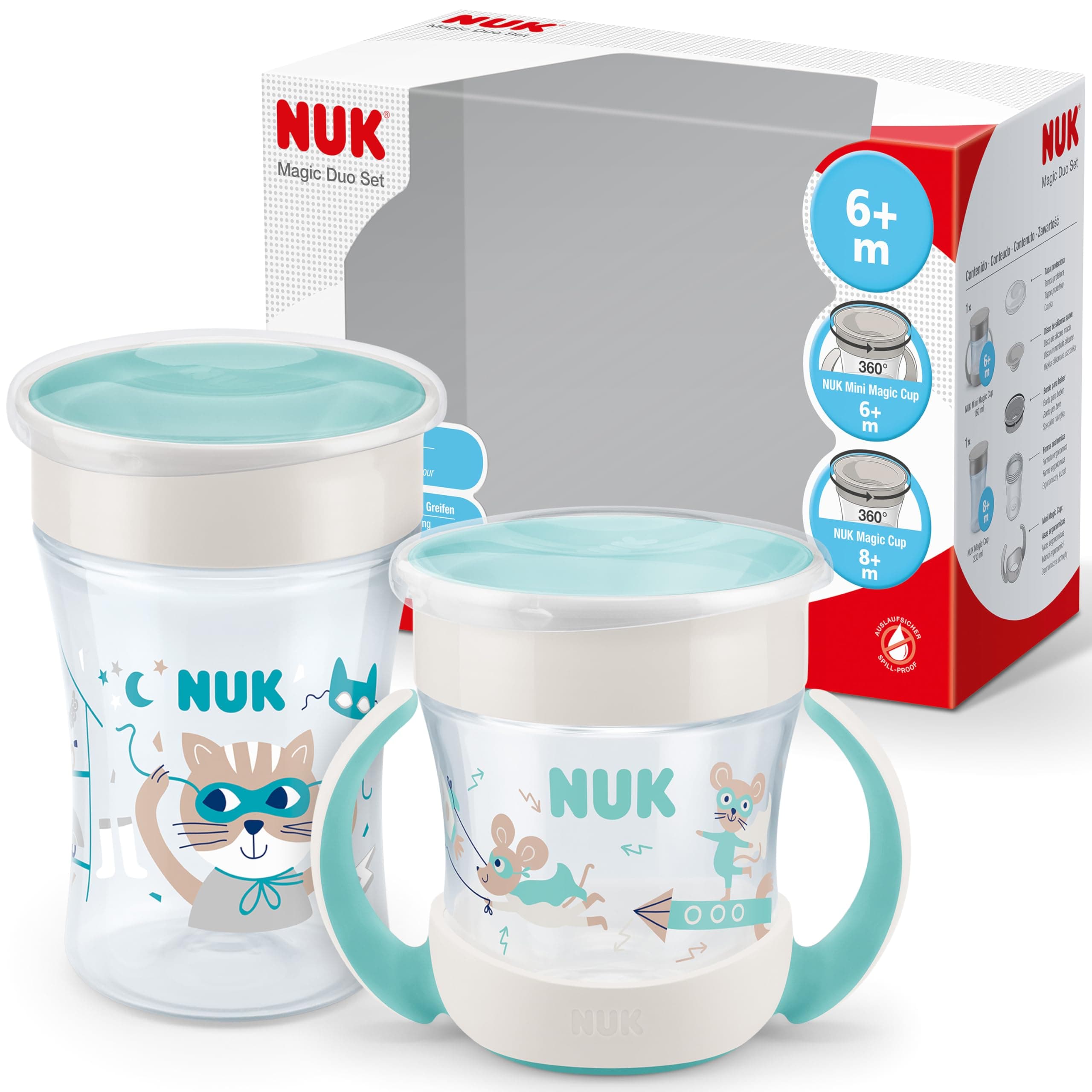 NUK Magic Cup & Mini Magic Sippy Cup Duo Set | 360° Anti-Spill Rim | 6+ Months | Leak-Proof | 160 ml & 230 ml | Mint