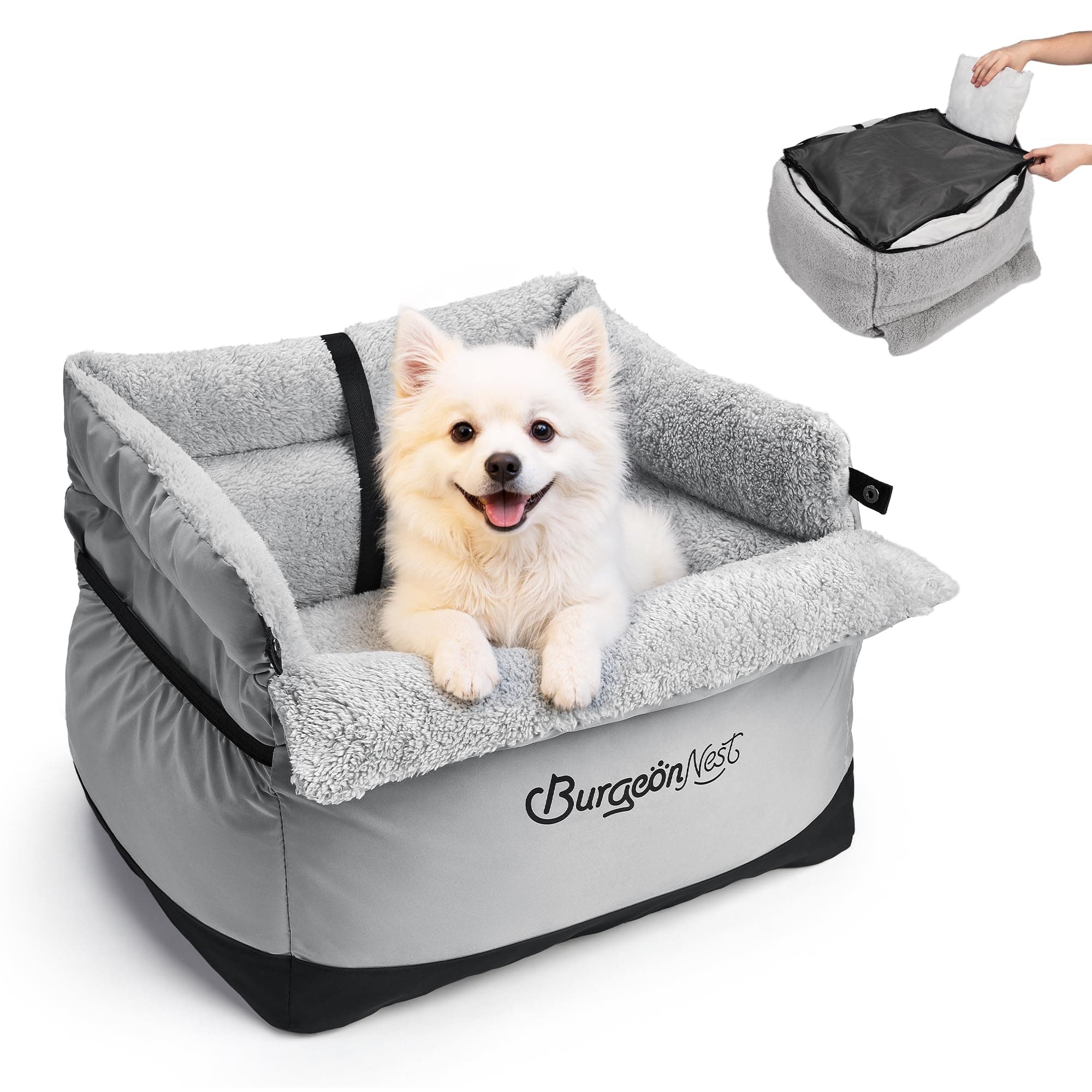 BurgeonNest Dog Car Seat for Small Dogs up to 25 lbs Grey | Washable Pet Booster Seat with Safety Leash & Storage Pockets chez Amazon US