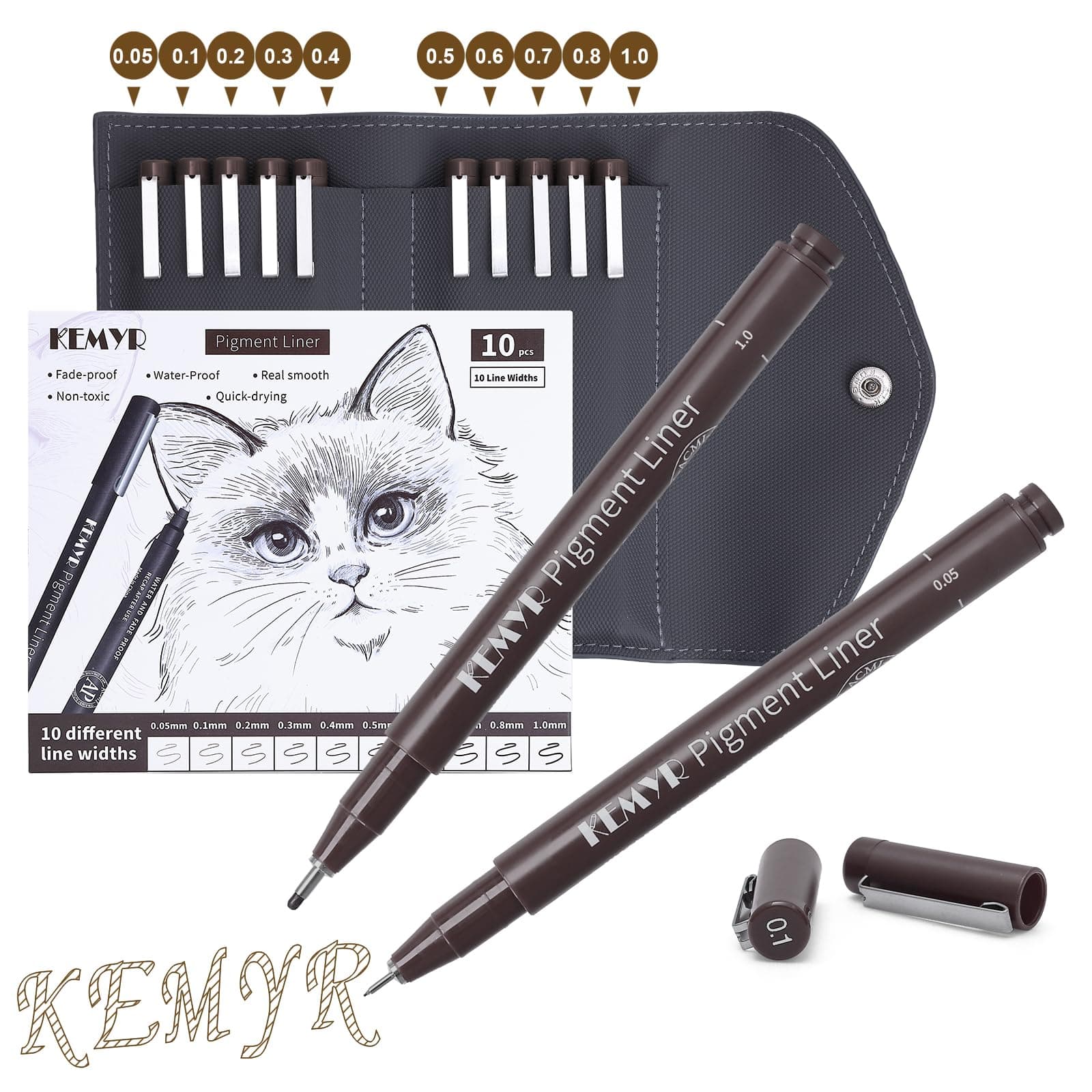 KEMYR Lot de 10 stylos de calligraphie à pointe fine - 0,05 mm - 1,0 mm - Fournitures d'art sépia imperméables - Marqueurs à encre marron po