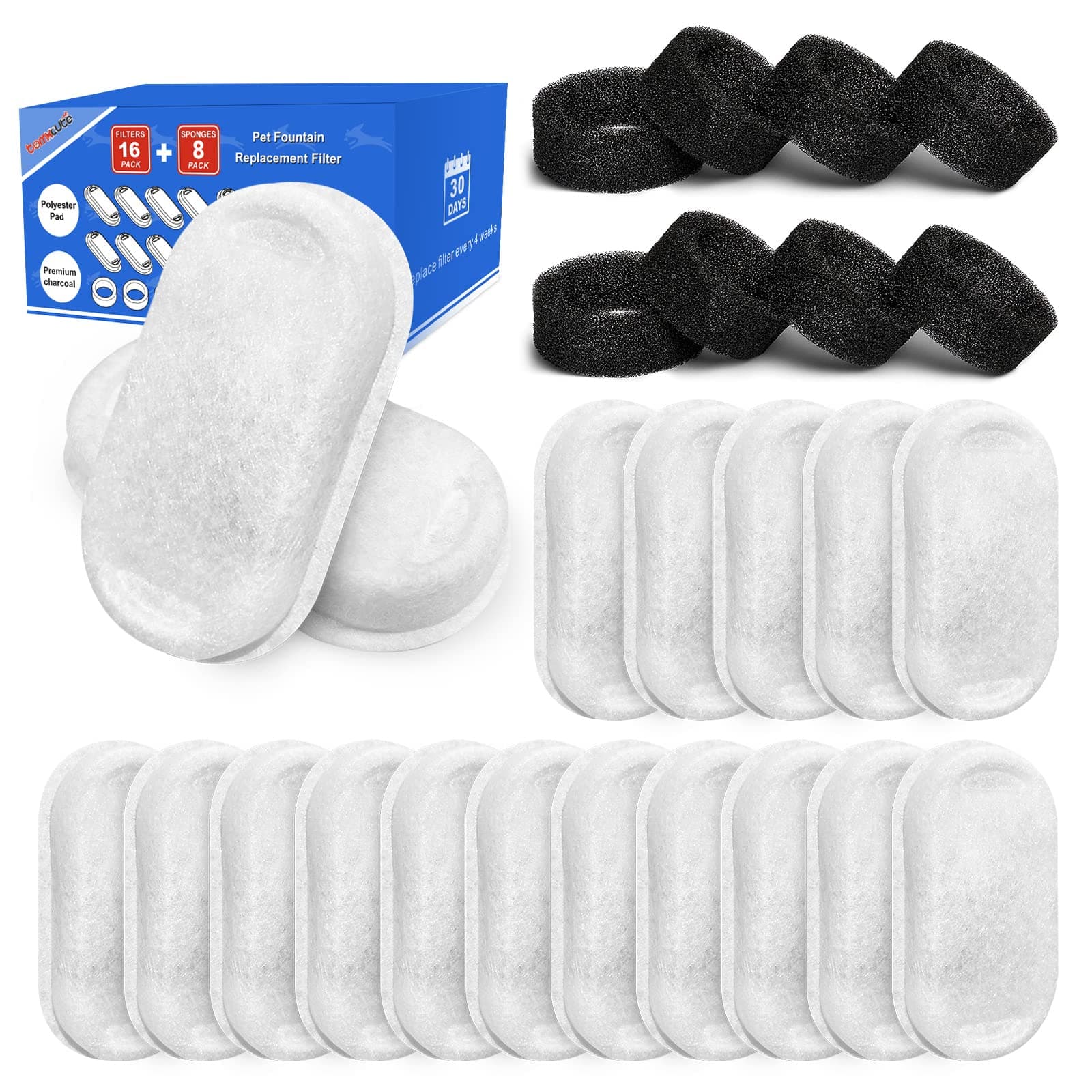 TOMXCUTE Cat Fountain Filters, 16 Activated Carbon Filters + 8 Sponges