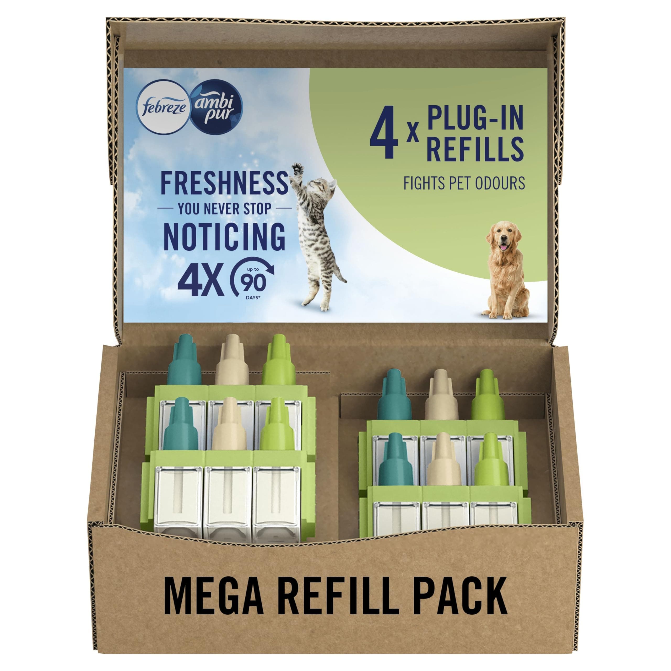 Febreze 3Volution Air Freshener Plug In Refill Pet 4x20ml, 3 Alternating Scents To Fight Odours,Greem,Citrus/ginger