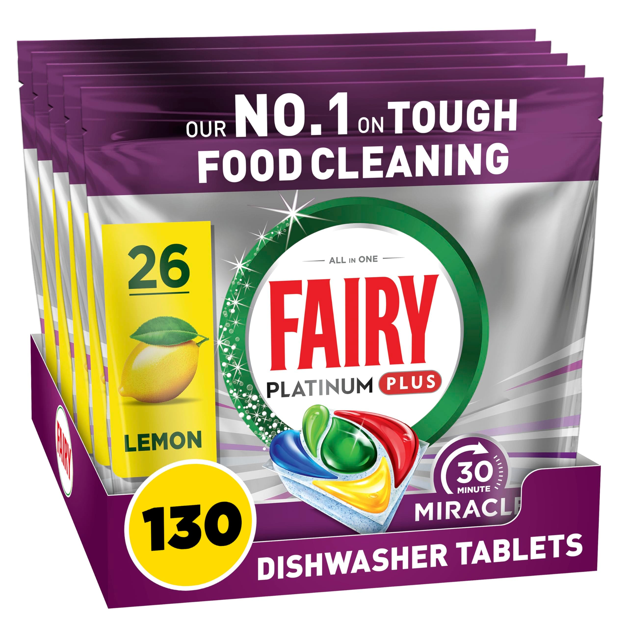 Fairy 30 Minute Miracle Platinum Plus Dishwasher Tablets, 130 Capsules | 30 Minute Miracle, No. 1 in Stubborn Stains, Dishwasher Cleaner