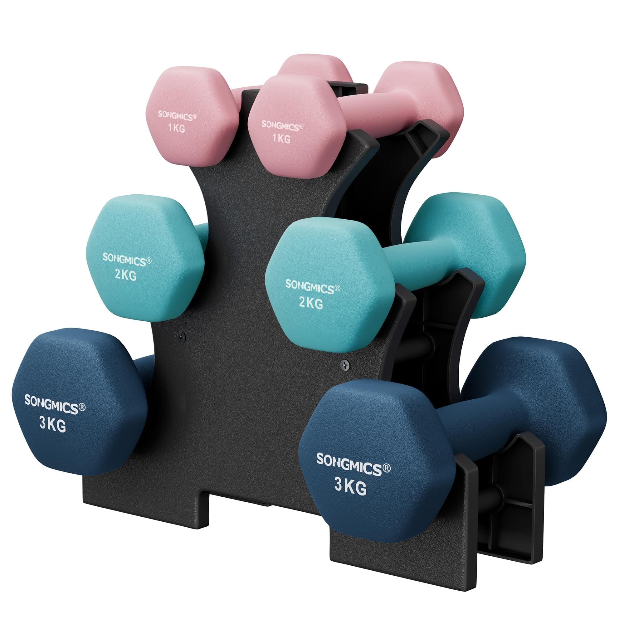SONGMICS 3 Pairs Dumbbells Set with Stand, 9KG/12KG/18KG Total, Weights for Fitness Training