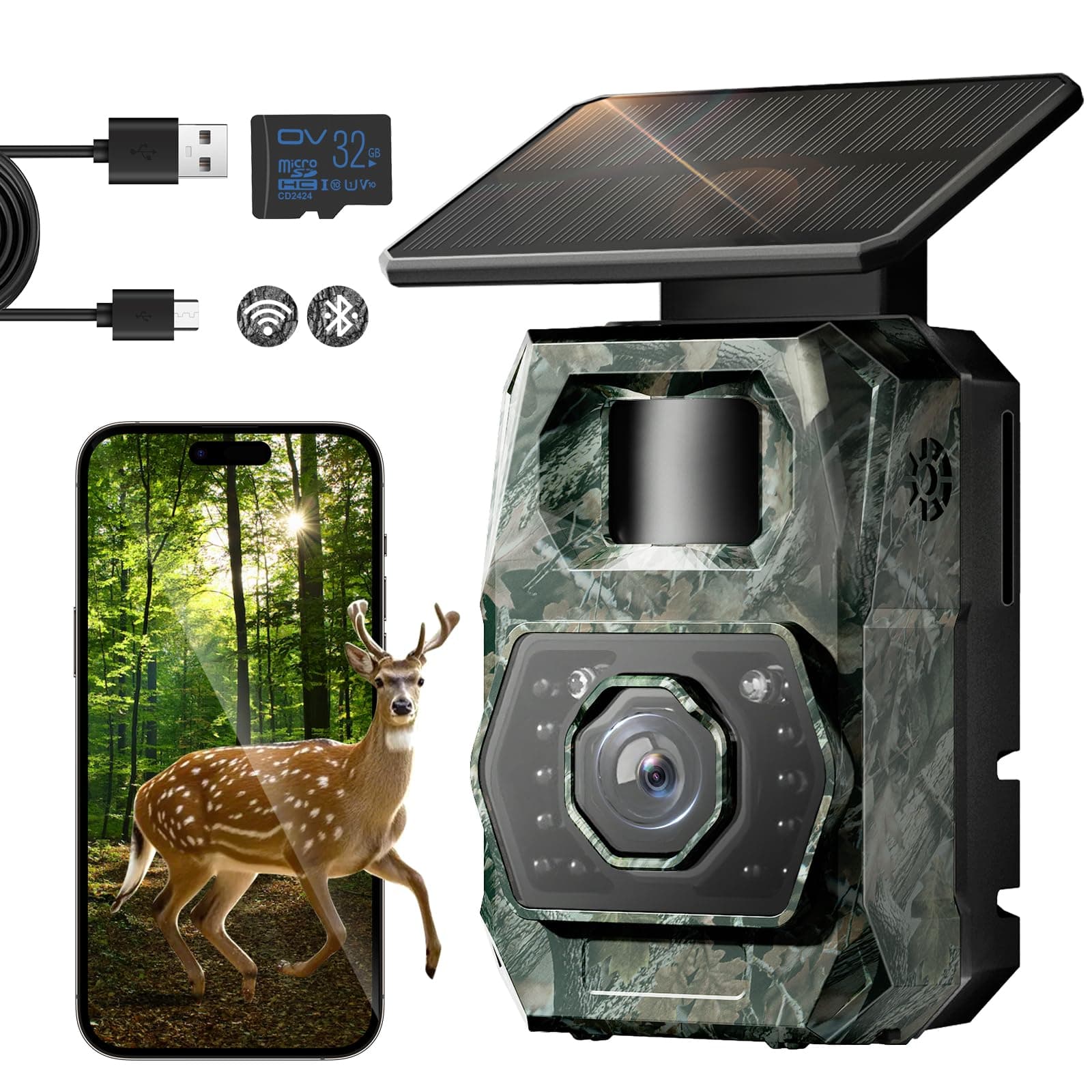 MAXDONE Wildlife Camera with Night Vision- 4K 64MP WiFi Bluetooth | Solar Trail Cameras, IP66 Waterproof, 0.1s T 6000mAh for Garden