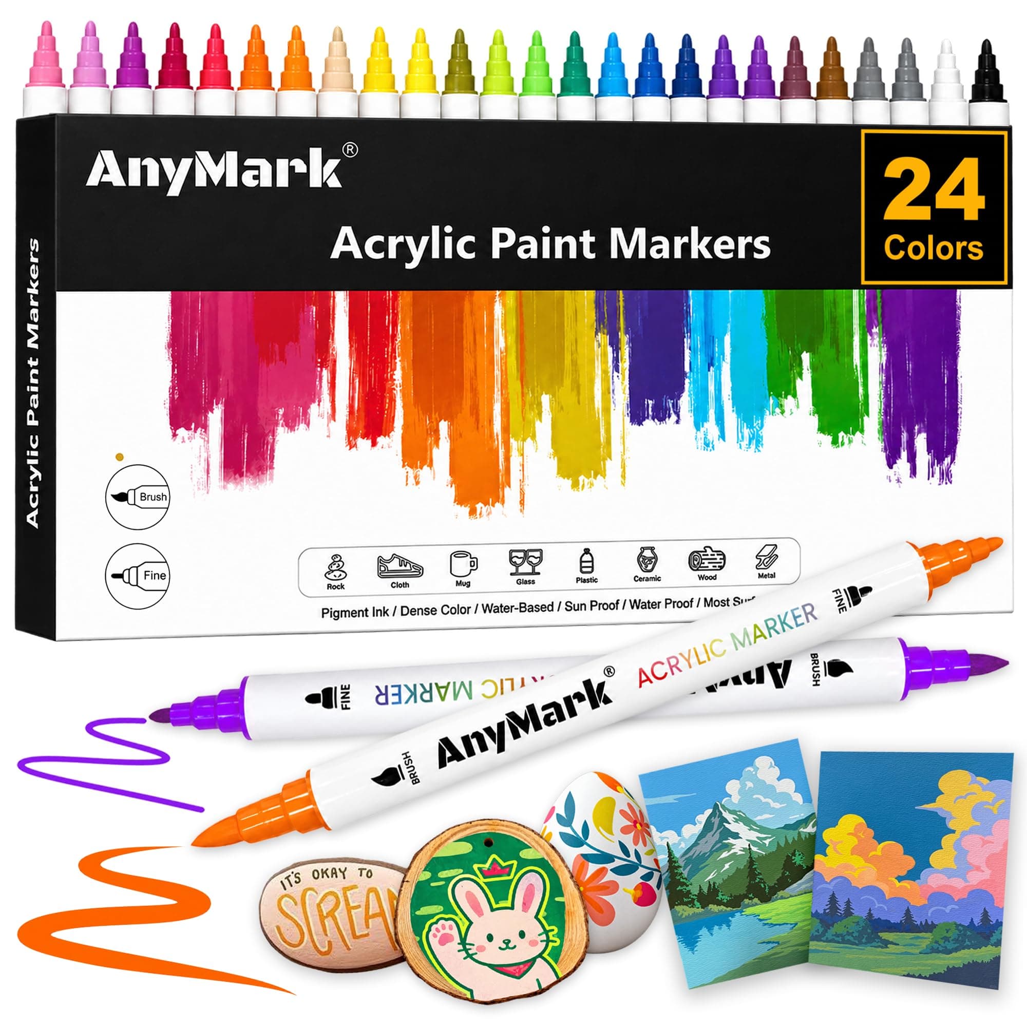 AnyMark 24 Colors Acrylic Paint Markers Brush & Fine Paint Pens | Dual Tip 1-5mm Acrylic Markers for Rock Painting, Canvas, Wood, Ceramic chez Amazon US