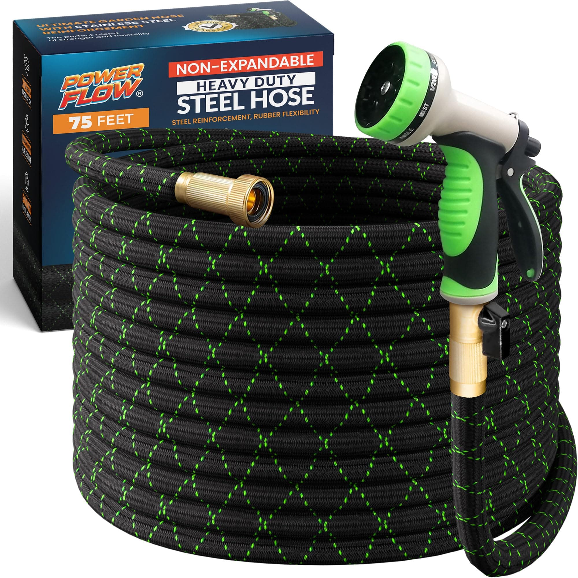 PowerFlow Metal Garden Hose, 75 Ft Non-Expandable Water Hose, Black | Non-Expandable Metal Core — No Kinks, No Bursts, Built to Last chez Amazon US