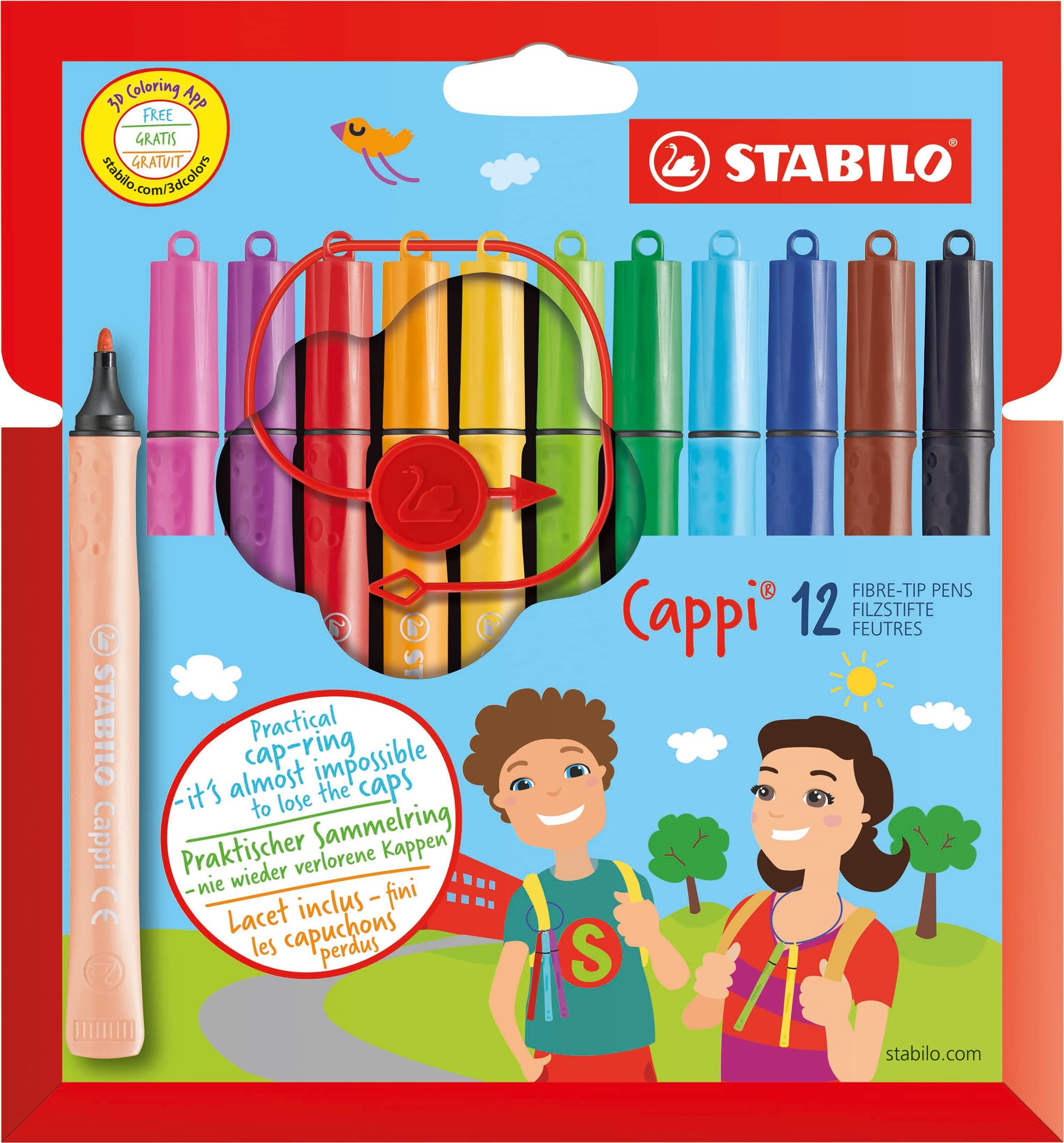 STABILO Cappi - Fibre-Tip Pen with Cap-Ring | Pack of 12 - Assorted Colours + 1 Cap-Ring