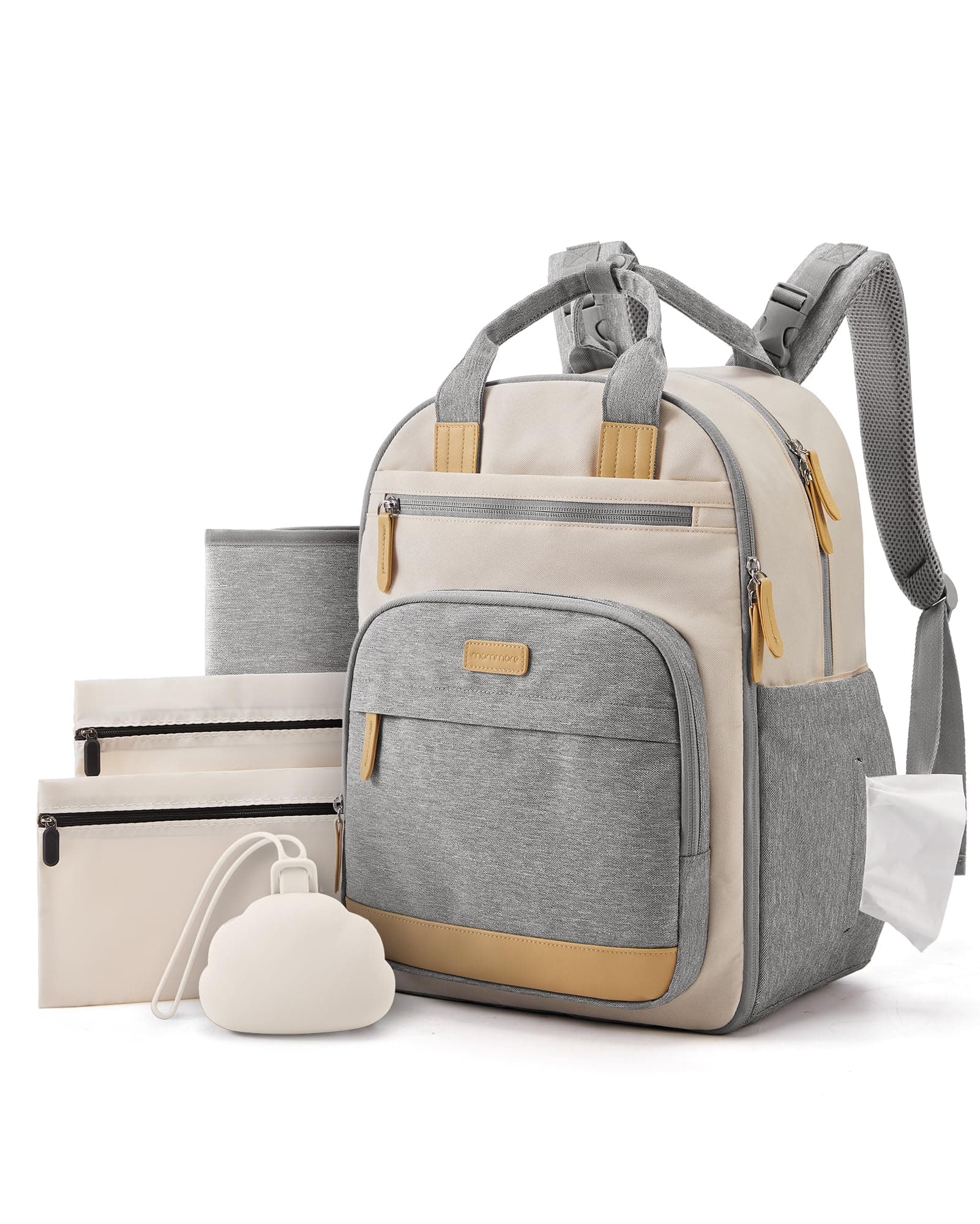 mommore Baby Diaper Bag with Waterproof Changing Pad, Gray White | Backpack Bottle Holders Insulated & Pacifier Case, 2 Organizer Pouches chez Amazon US