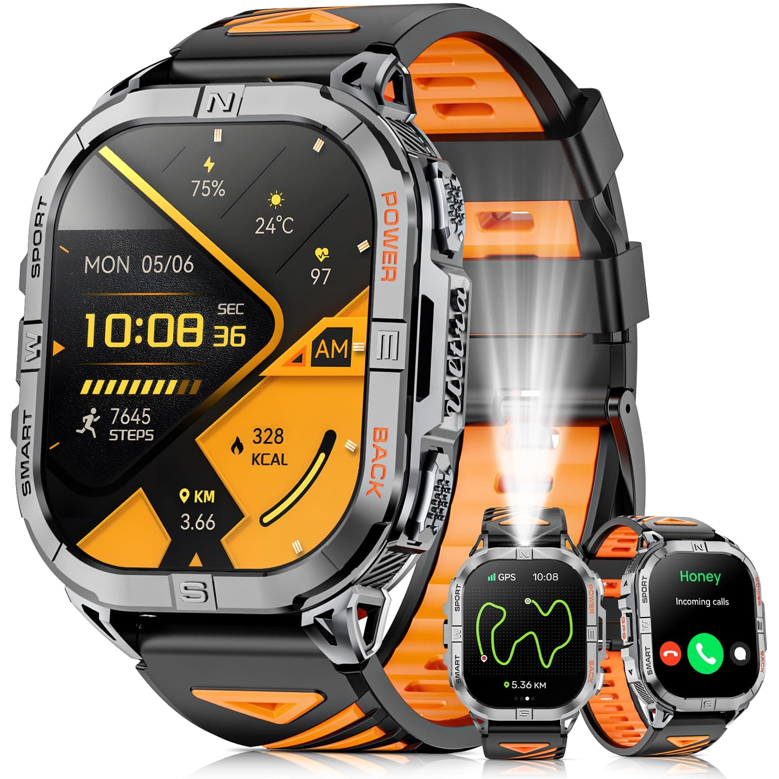Military Smart Watch for Men, 2,13" AMOLED Smart Watches Answer/Make Calls | Built-in GPS with Compass, LED Flashlight, Heart Rate... chez Amazon UK