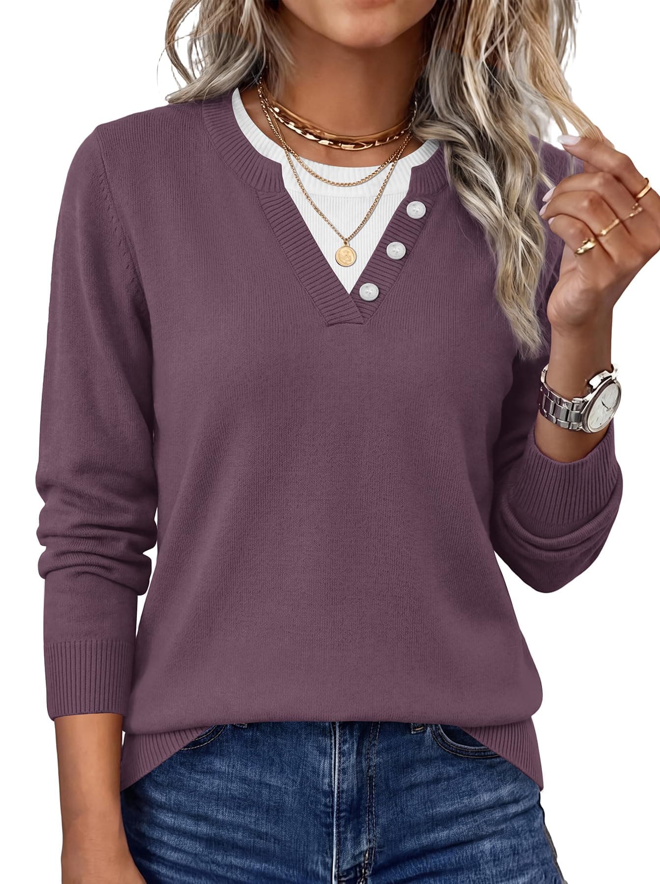 WIHOLL Lightweight Sweaters for Women Long Sleeve Knitwear | 2 in 1 Neck, Decorative Buttons, Striped, Color Block