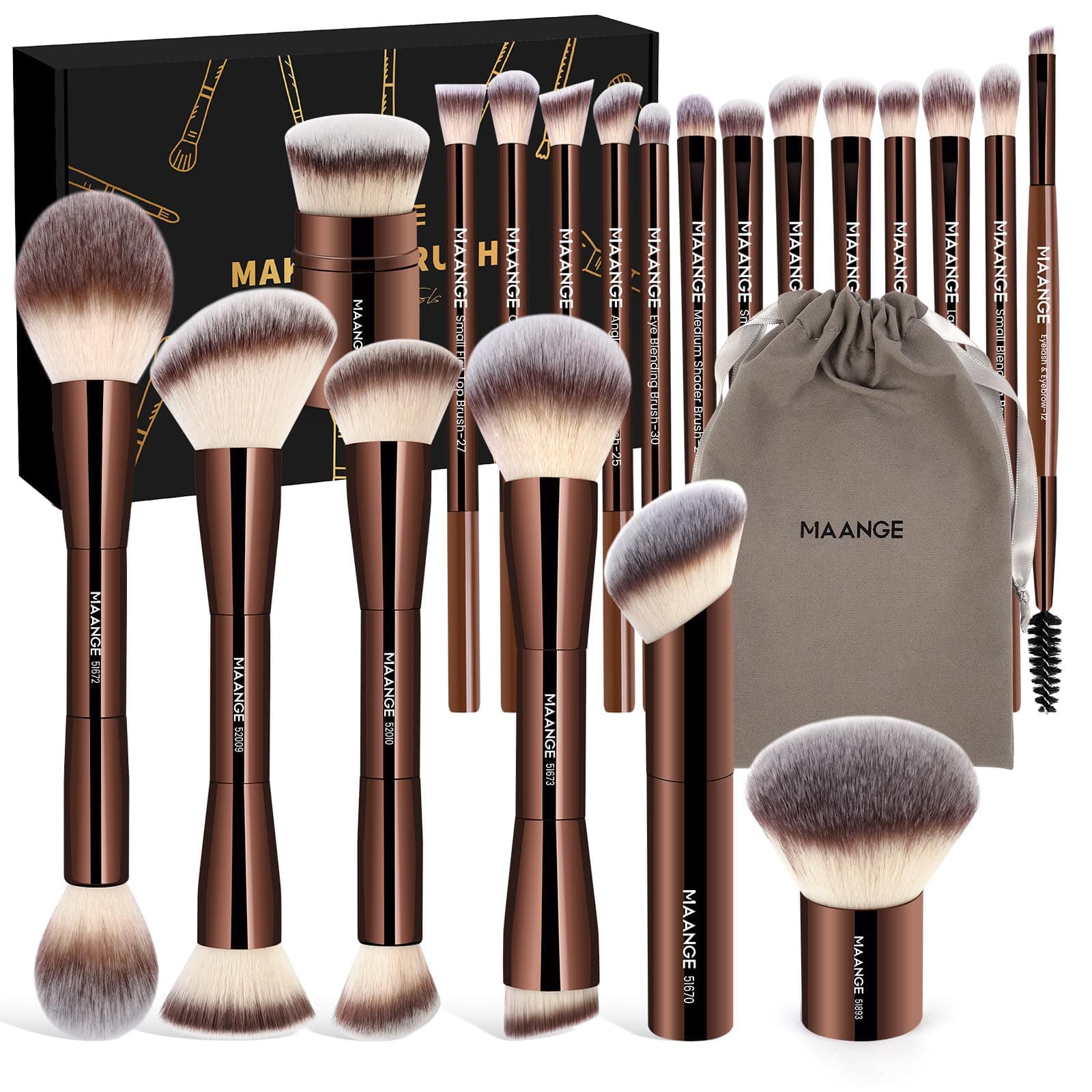 MAANGE 20PCS Makeup Brush Set,Double-ended Kabuki Contour Brush for Liquid Powder Concealer Blending Blush Face Makeup Tools(Coffee)