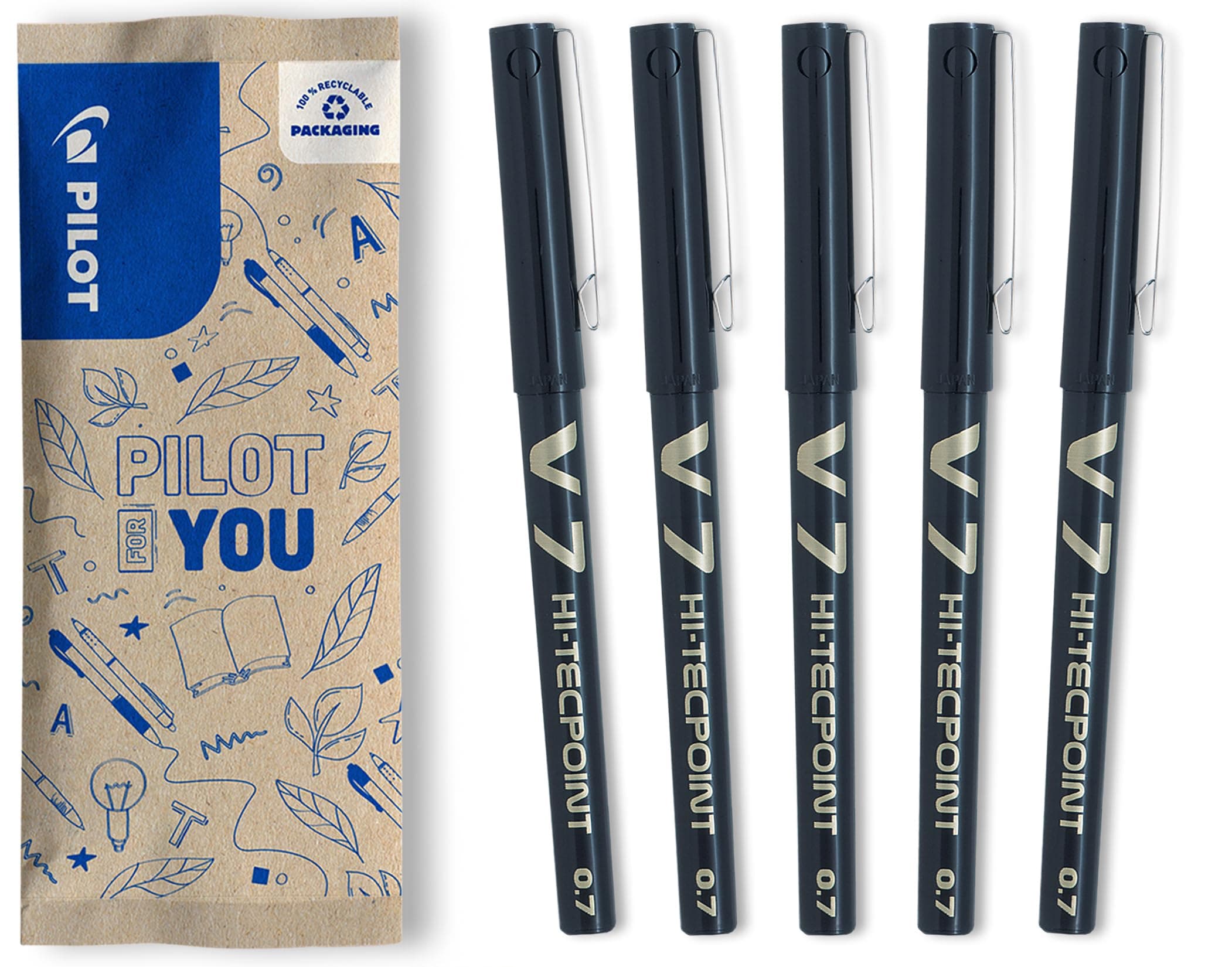 PILOT - V7 Hi-Tecpoint Liquid Ink Rollerball Pen - Medium 0.7mm Tip - 5 x Black