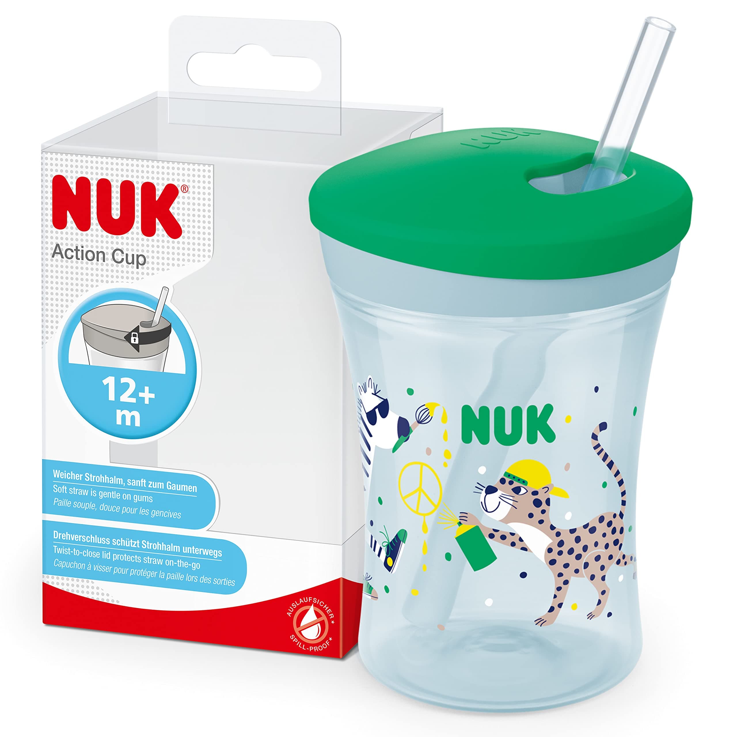 NUK Action Cup Toddler Cup | 12+ Months | Twist Close Soft Drinking Straw | Leak-Proof | 230ml | Green Leopard