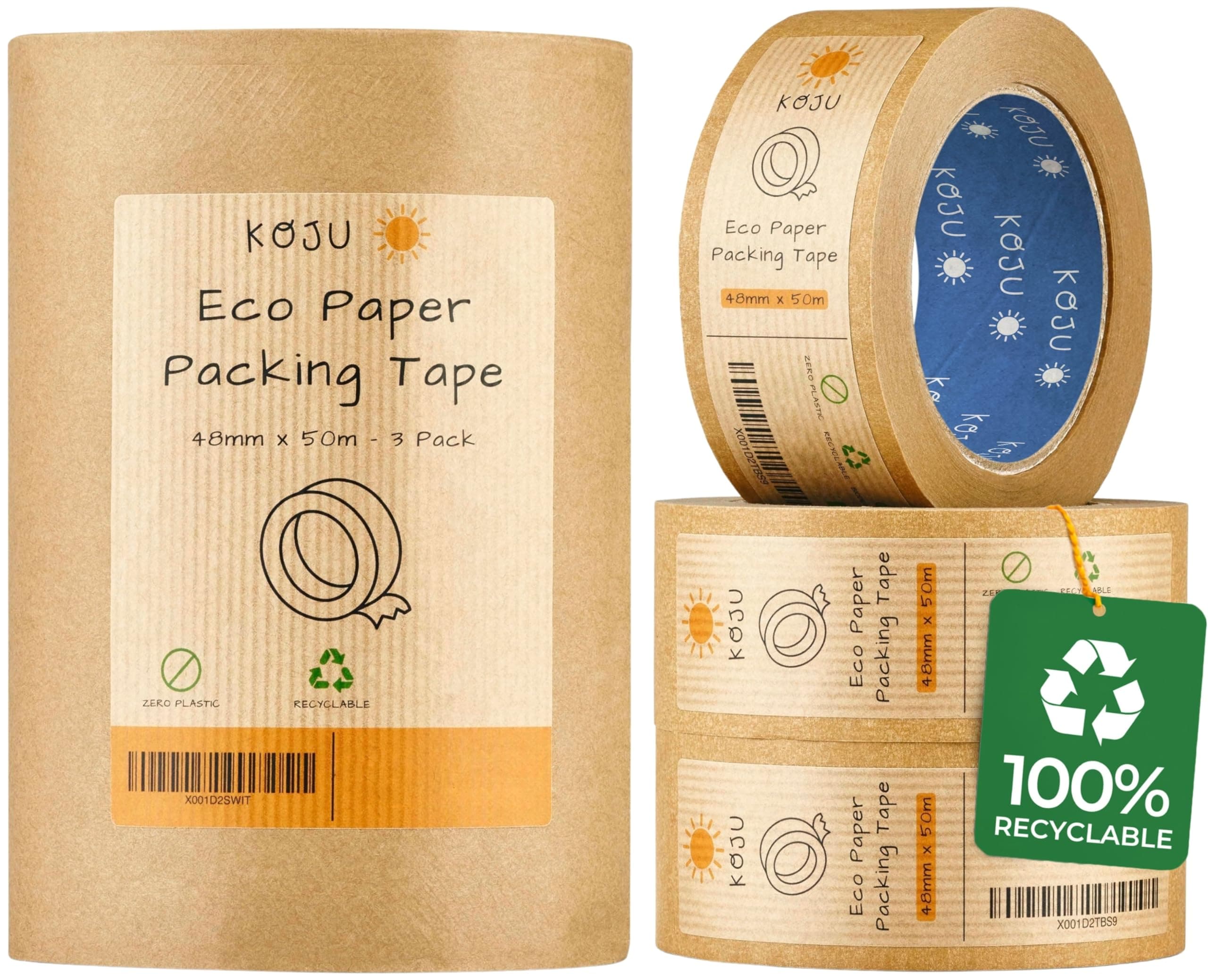 Koju Kraft Paper Packing Tape 48mm x 50m | 3 pack | Eco Friendly & Recyclable Brown Paper Tape for Parcel Packing & Picture Framing chez Amazon UK