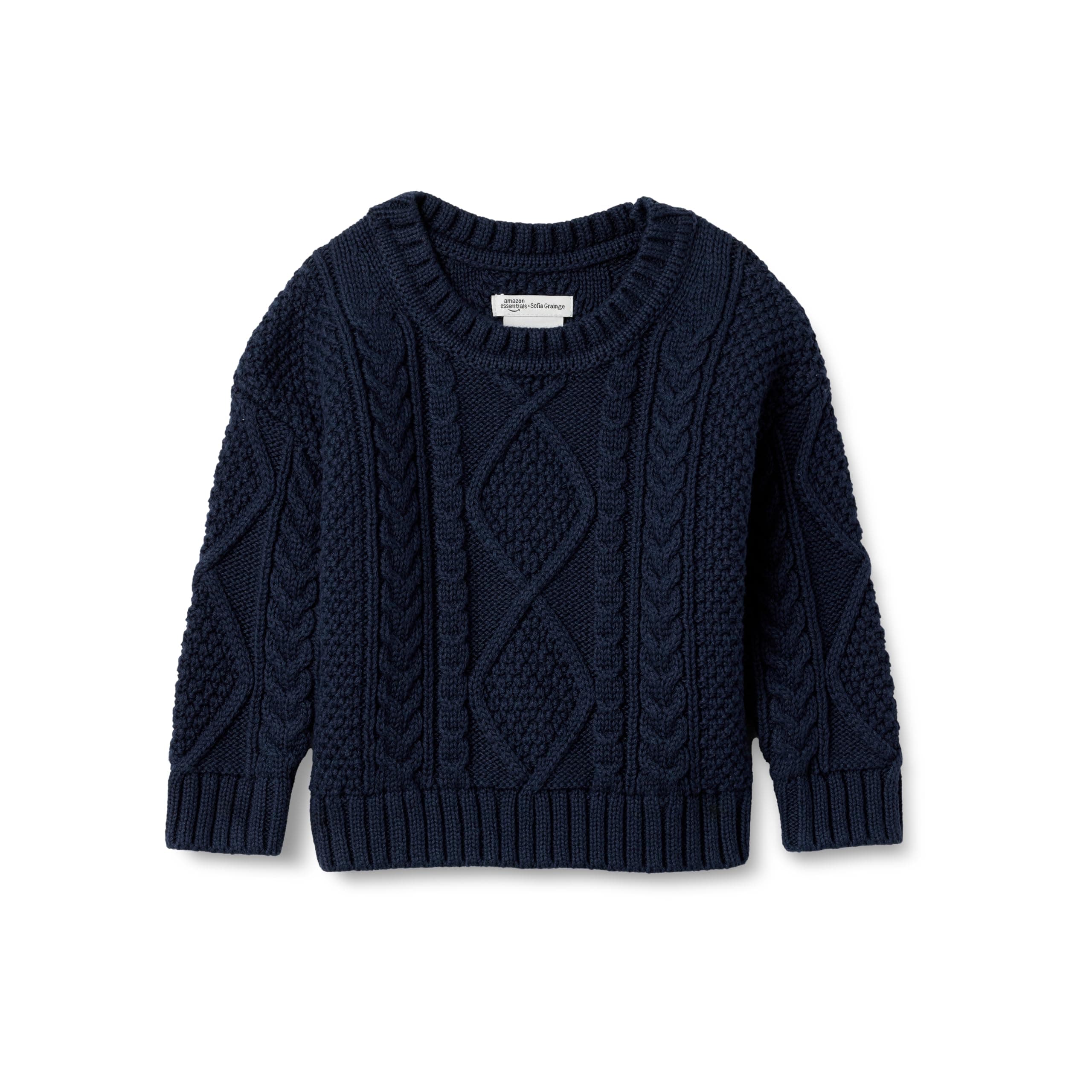 Amazon Essentials x Sofia Grainge Babies, Toddlers and Boys' Cotton Cable Design Crewneck Sweater with Ribbing