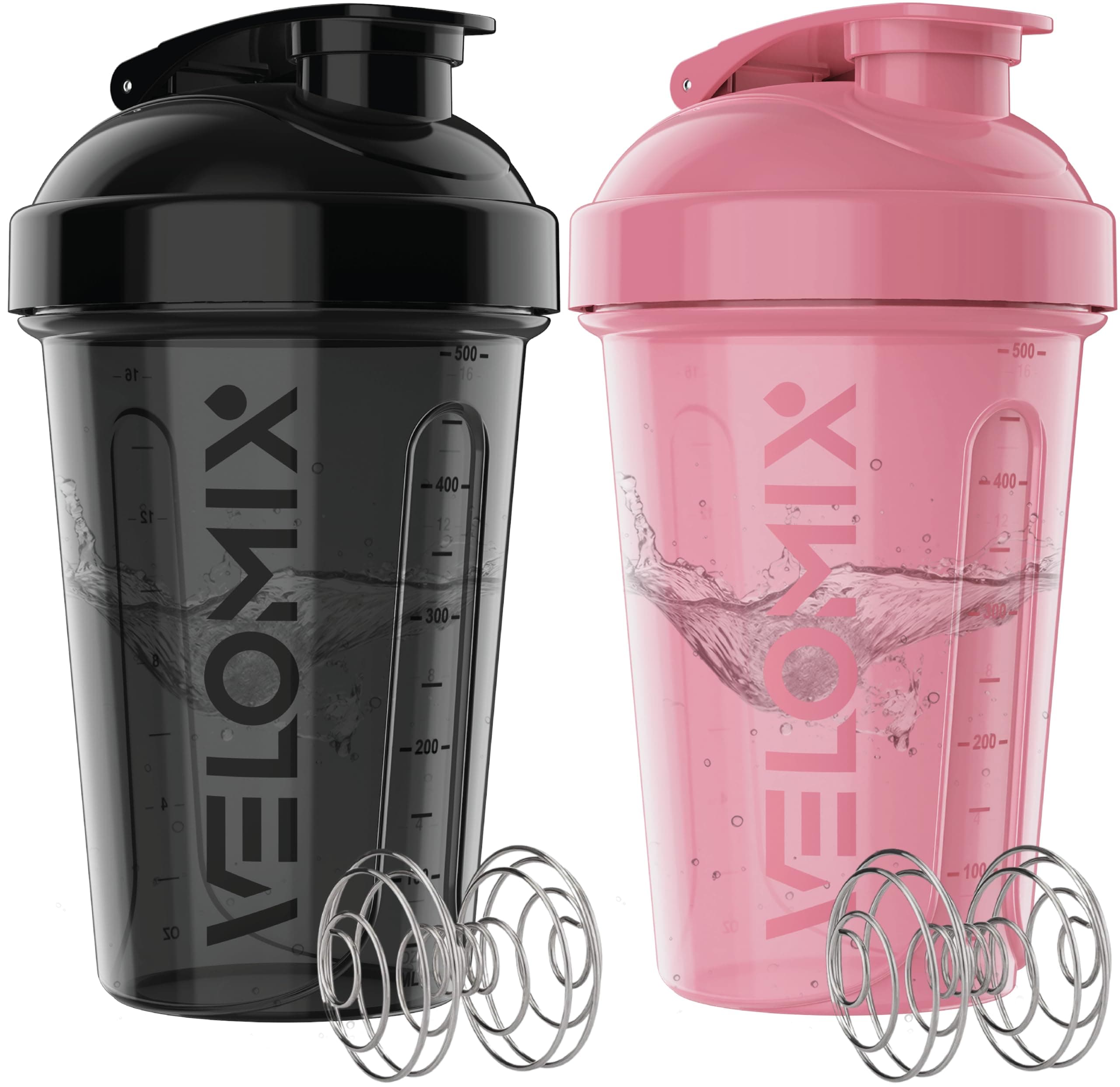 VELOMIX 2 Pack 600ml Protein Shaker Bottle, Pink/Black | 2x Wire Mix Ball, Leak Proof Shaker Cups for Protein Shakes, Gym and Pre Workout